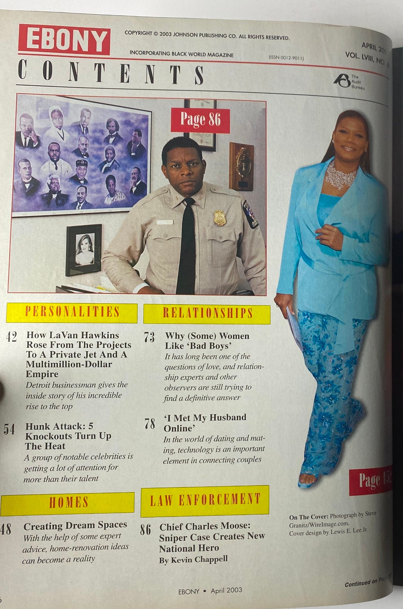 Ebony Magazine April 2003 Table of Contents page highlighting features on LaVan Hawkins and relationships, with a portrait of Chief Charles Moose, contributing to themes of success and social issues.