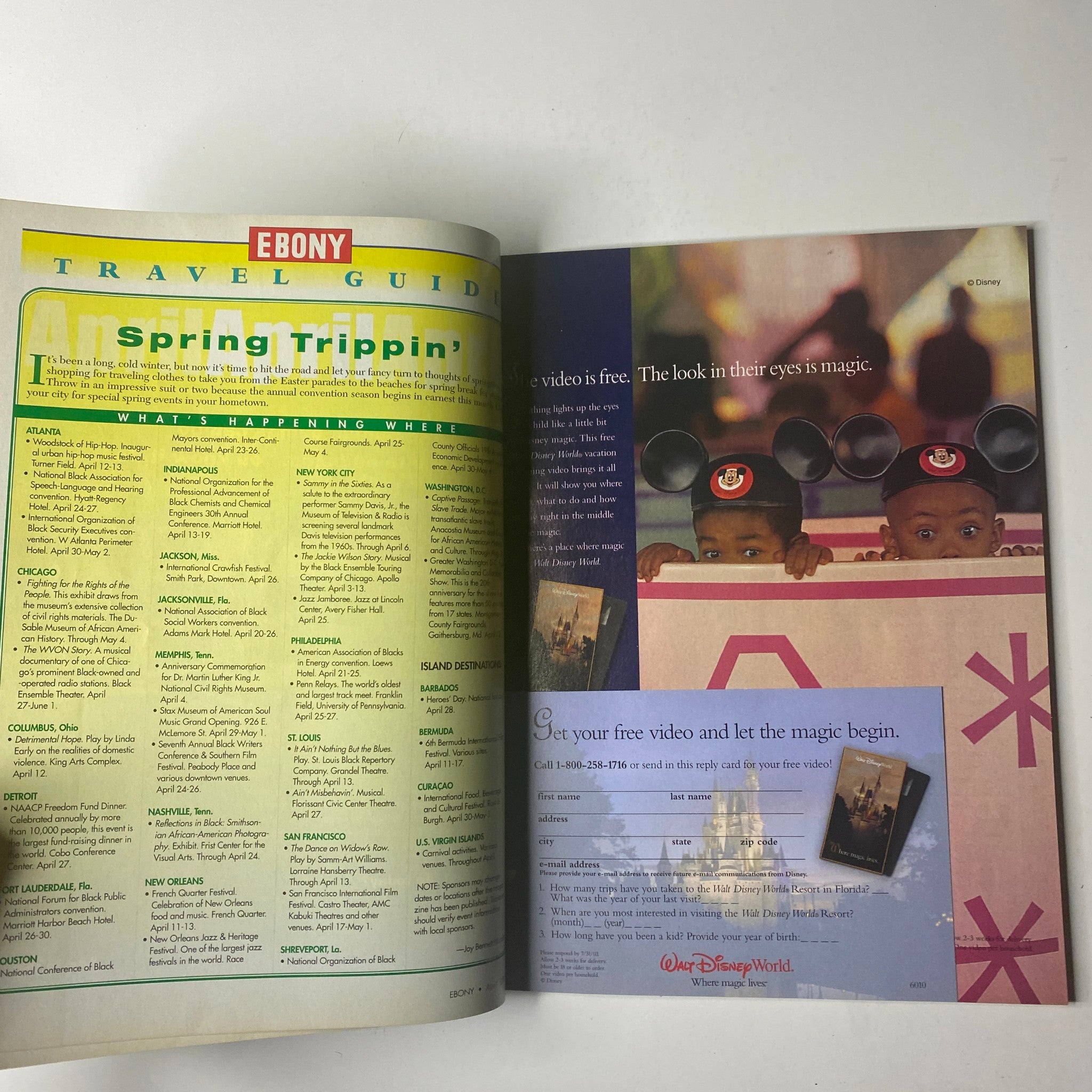 Ebony Magazine April 2003 Travel Guide page showcasing Disney's promotional ad with children enjoying the attractions, reflecting family-friendly travel options.