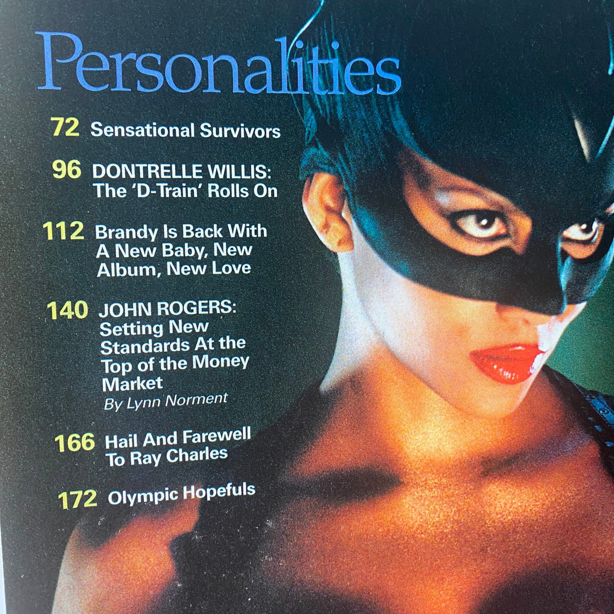 Ebony Magazine August 2004 interior page showcasing the section 'Personalities' with headlines about notable figures including Dontrelle Willis, Brandy, and John Rogers, emphasizing their achievements.