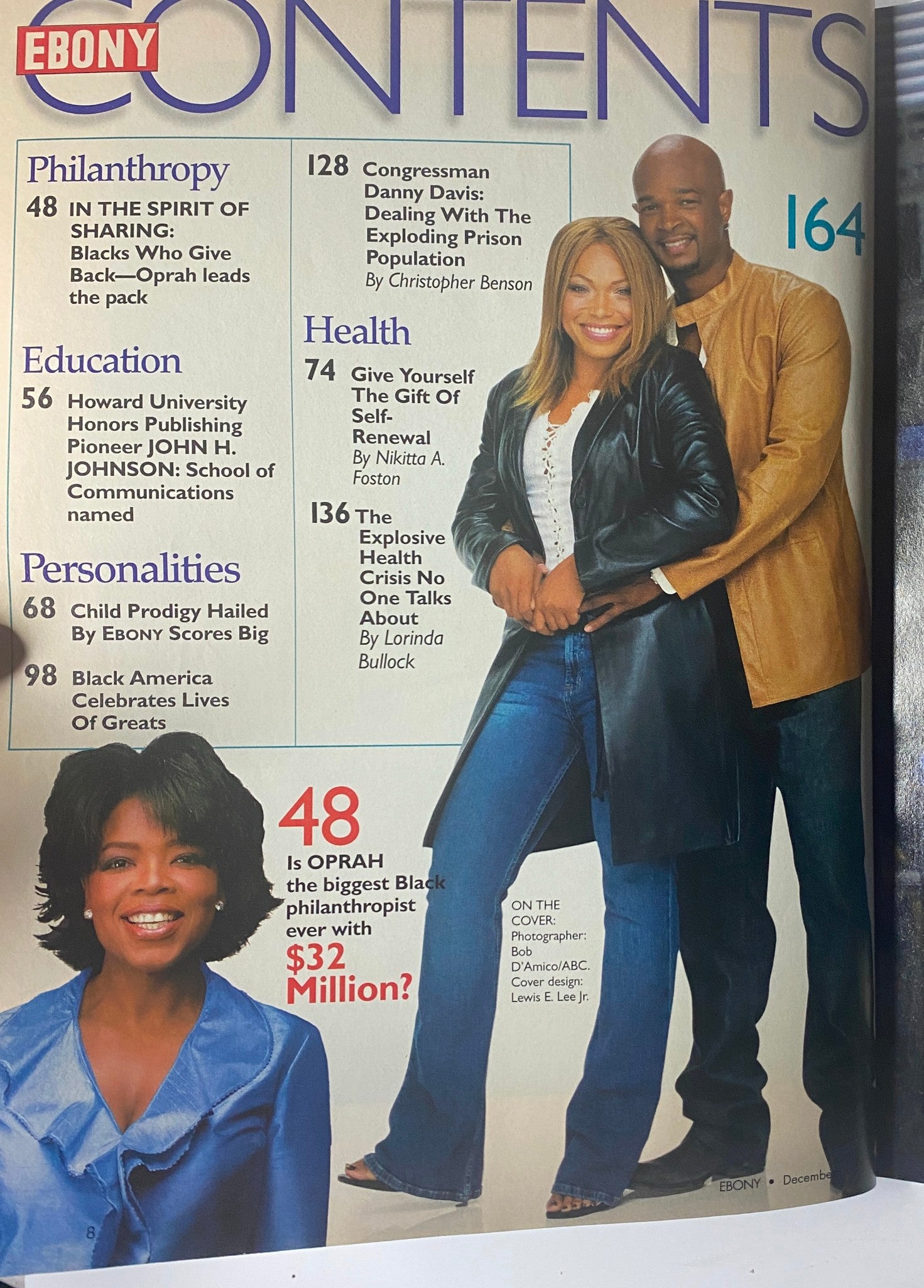 Contents page of Ebony Magazine December 2003, showcasing articles on philanthropy led by Oprah Winfrey, health issues in the Black community, and education related to Howard University's tribute.