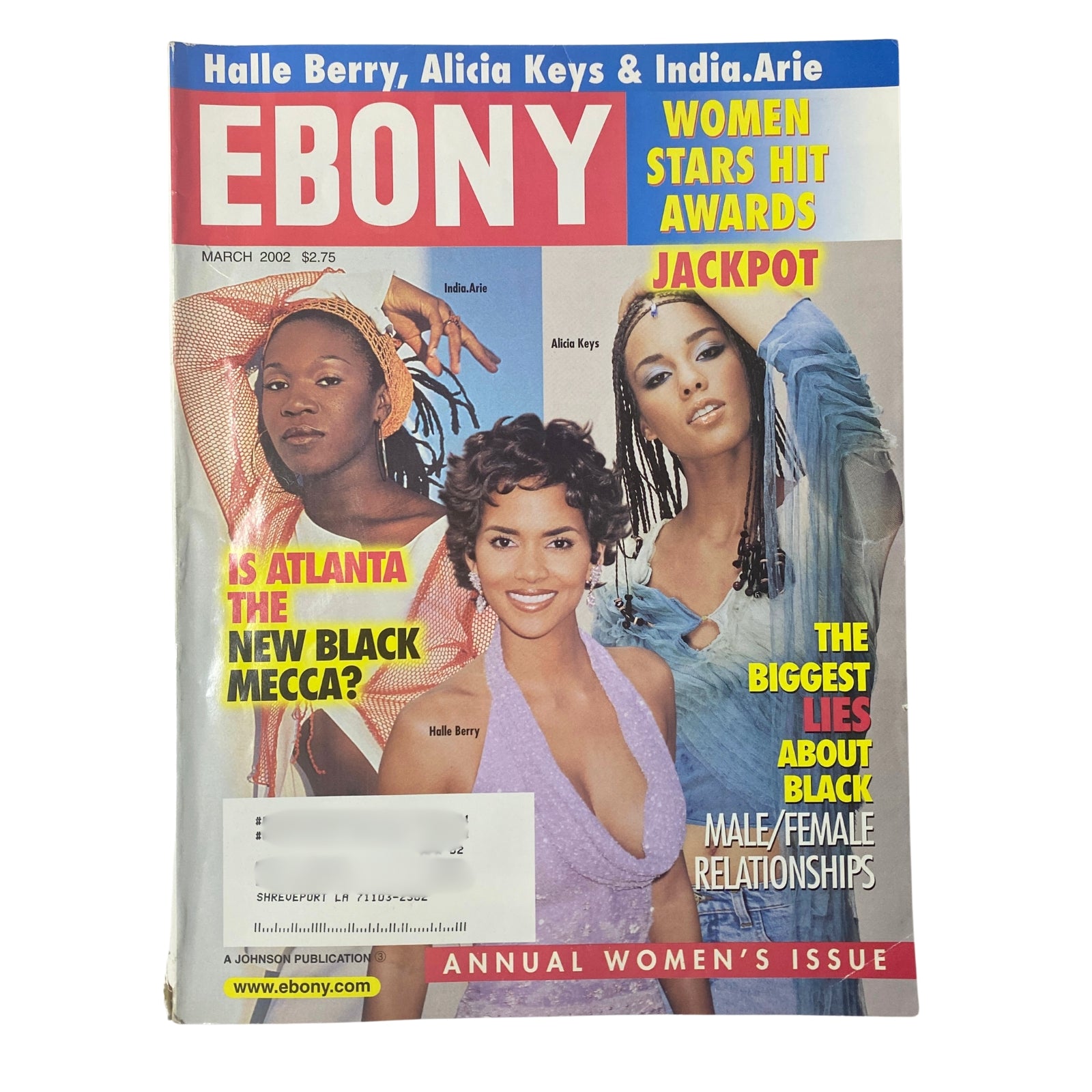 Cover of Ebony Magazine March 2002 featuring India.Arie, Alicia Keys, and Halle Berry, celebrating women in entertainment with headlines about awards and relationships.