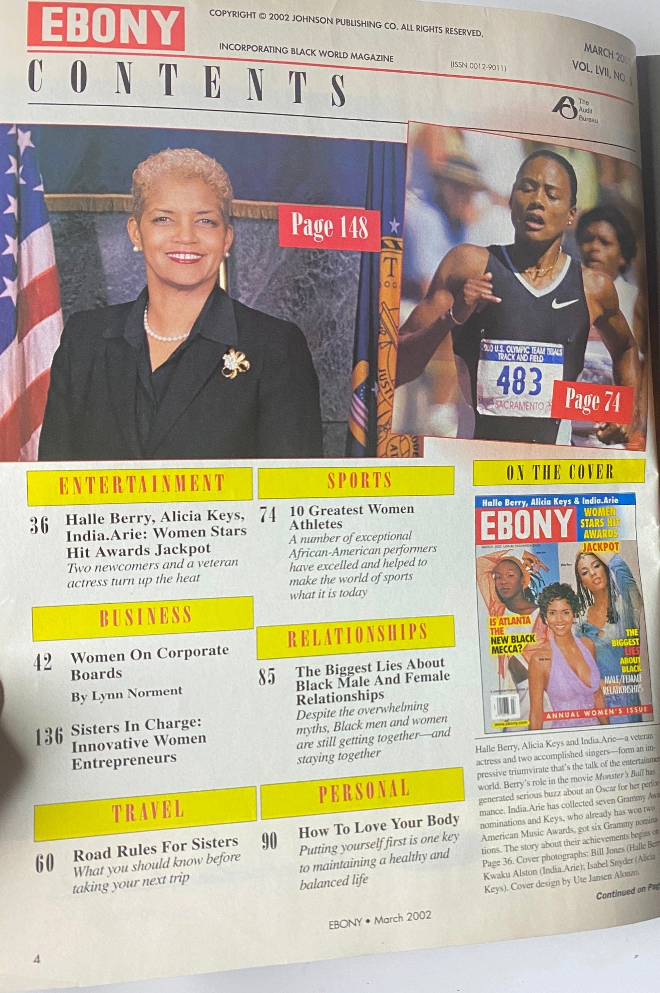 Table of contents from Ebony Magazine March 2002, detailing features on Halle Berry, Alicia Keys, India.Arie, and various lifestyle sections.