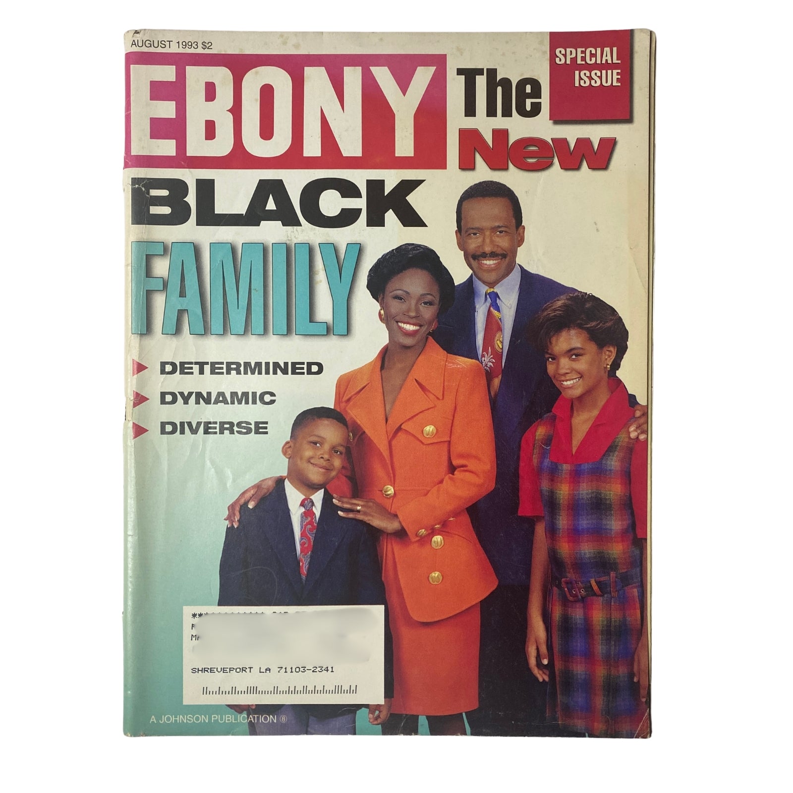 Ebony Magazine August 1993 The Modern Black Family Cover featuring a family dressed in vibrant attire, emphasizing the themes of determination, dynamism, and diversity.