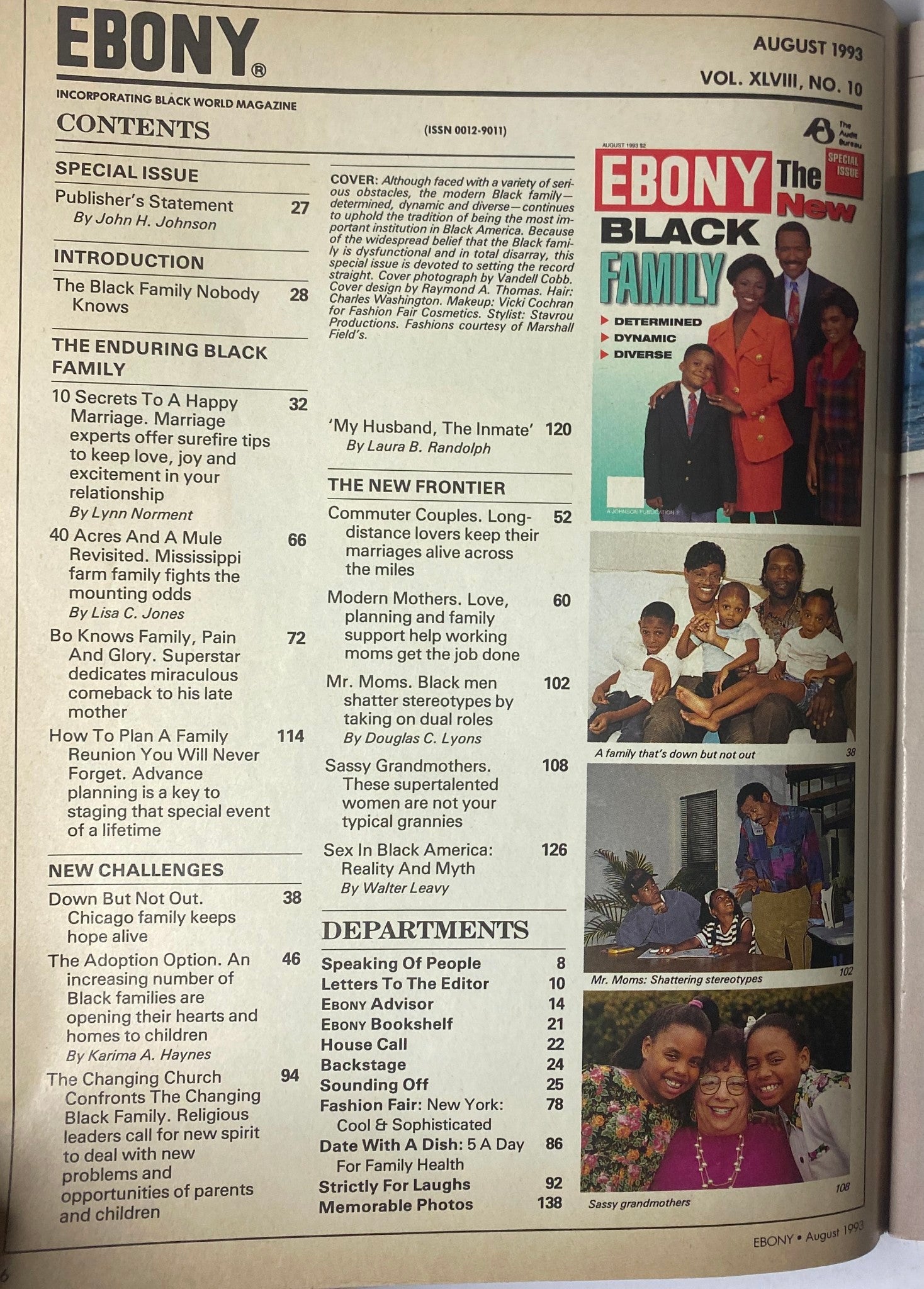 Table of Contents for Ebony Magazine August 1993, highlighting articles like '10 Secrets to a Happy Marriage' and 'The Black Family Nobody Knows', part of the Modern Black Family issue.