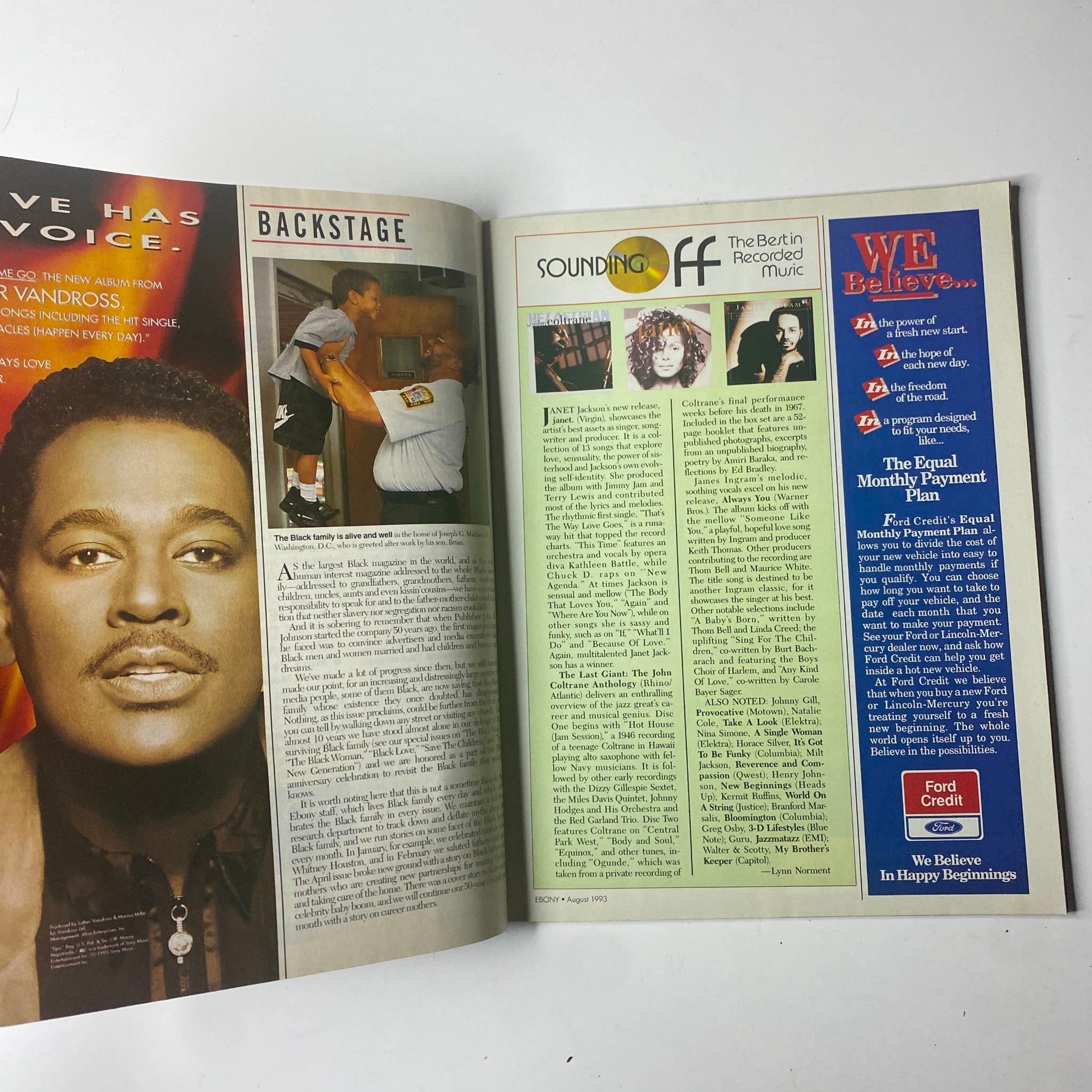 Inside spread from Ebony Magazine August 1993, showcasing the 'Sounding Off' section featuring commentary on current events and cultural topics, as part of the Modern Black Family issue.