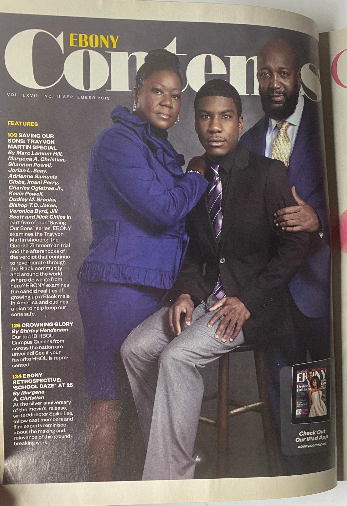 Ebony Magazine September 2013 cover featuring Sybrina Fulton, Tracy Martin, and Jahvaris Fulton, highlighting the issue's focus on Trayvon Martin and its special edition 'Saving Our Sons'.