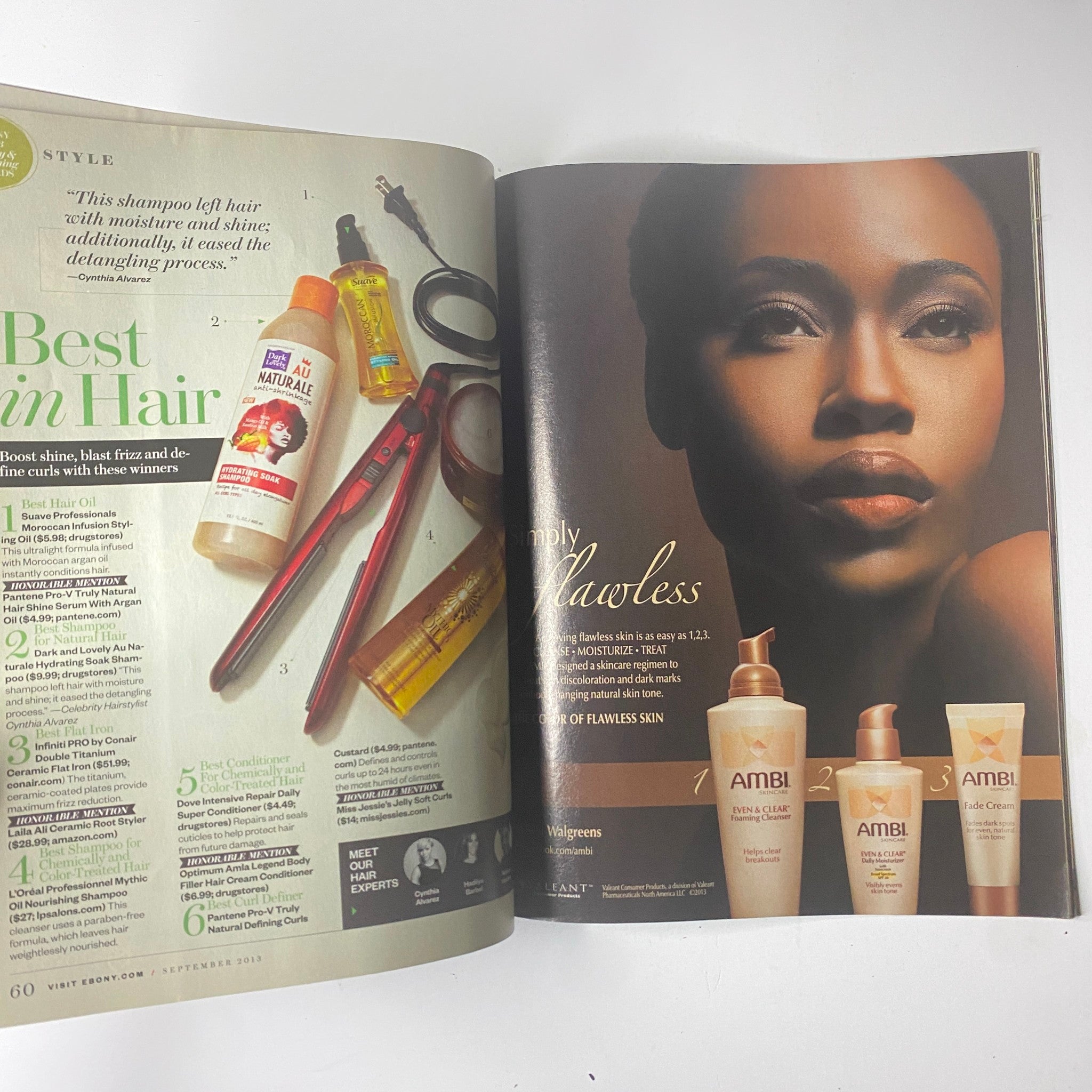 Interior page from Ebony Magazine September 2013 showcasing beauty products including hair care items, emphasizing 'Best in Hair' among black women.