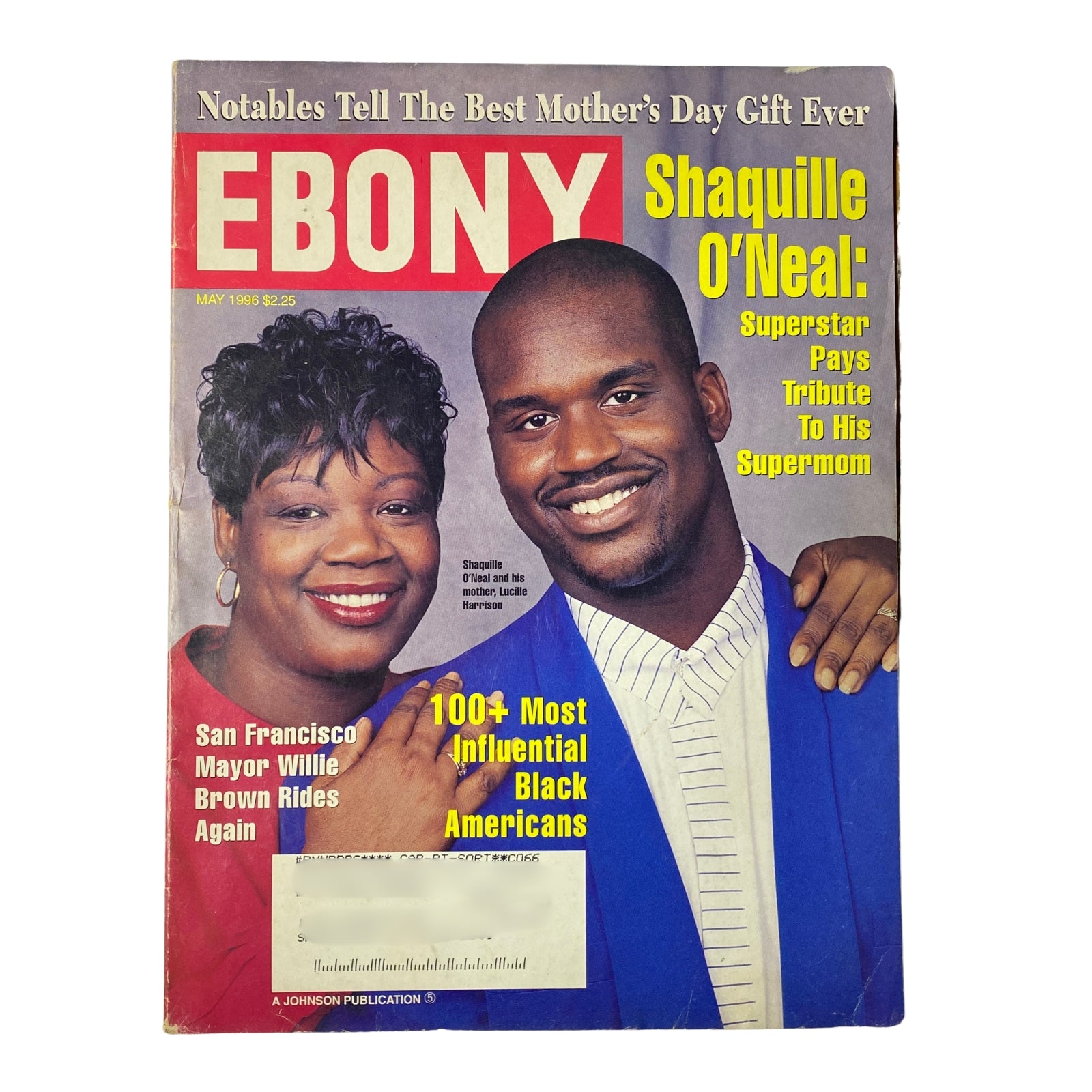 Ebony Magazine May 1996 cover featuring Shaquille O'Neal and his mother Lucille Harrison, showcasing a Mother's Day tribute with the headline 'Superstar Pays Tribute To His Supermom.'