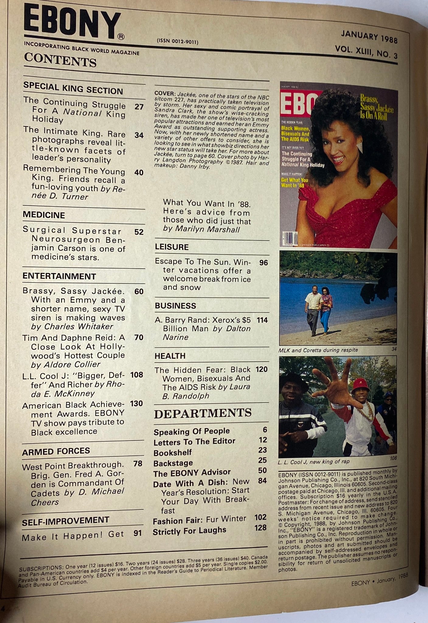 Inside page of Ebony Magazine January 1988 with contents listing, featuring a prominent image of Jackée Harry, emphasizing articles related to her influence and achievements in entertainment.