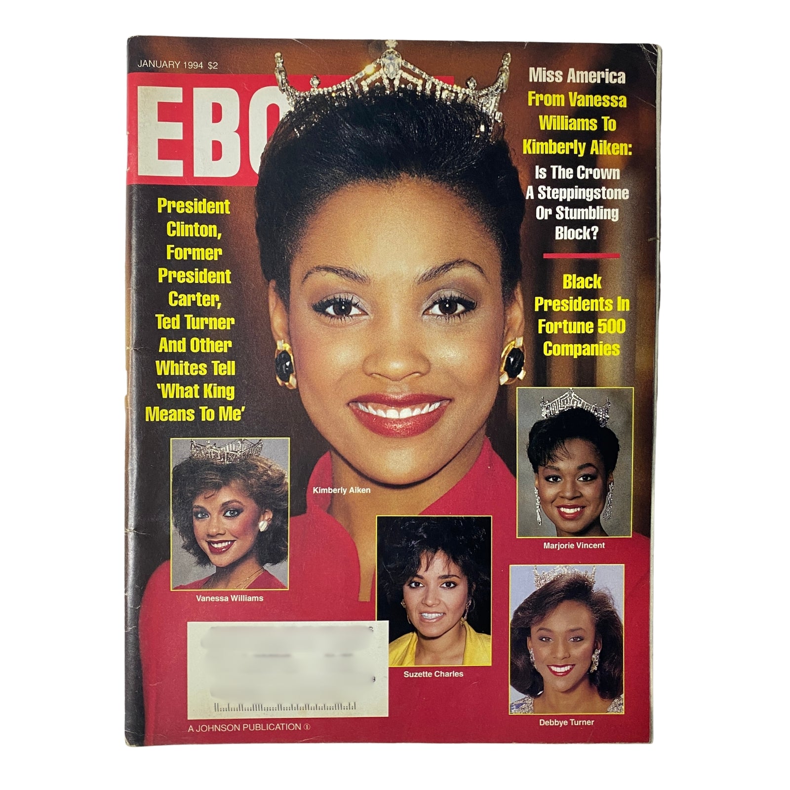 Cover of Ebony Magazine January 1994 featuring Kimberly Aiken wearing a crown with portraits of Vanessa Williams, Suzette Charles, Marjorie Vincent, and Debby Turner. The cover discusses the topic of Black Miss America winners.