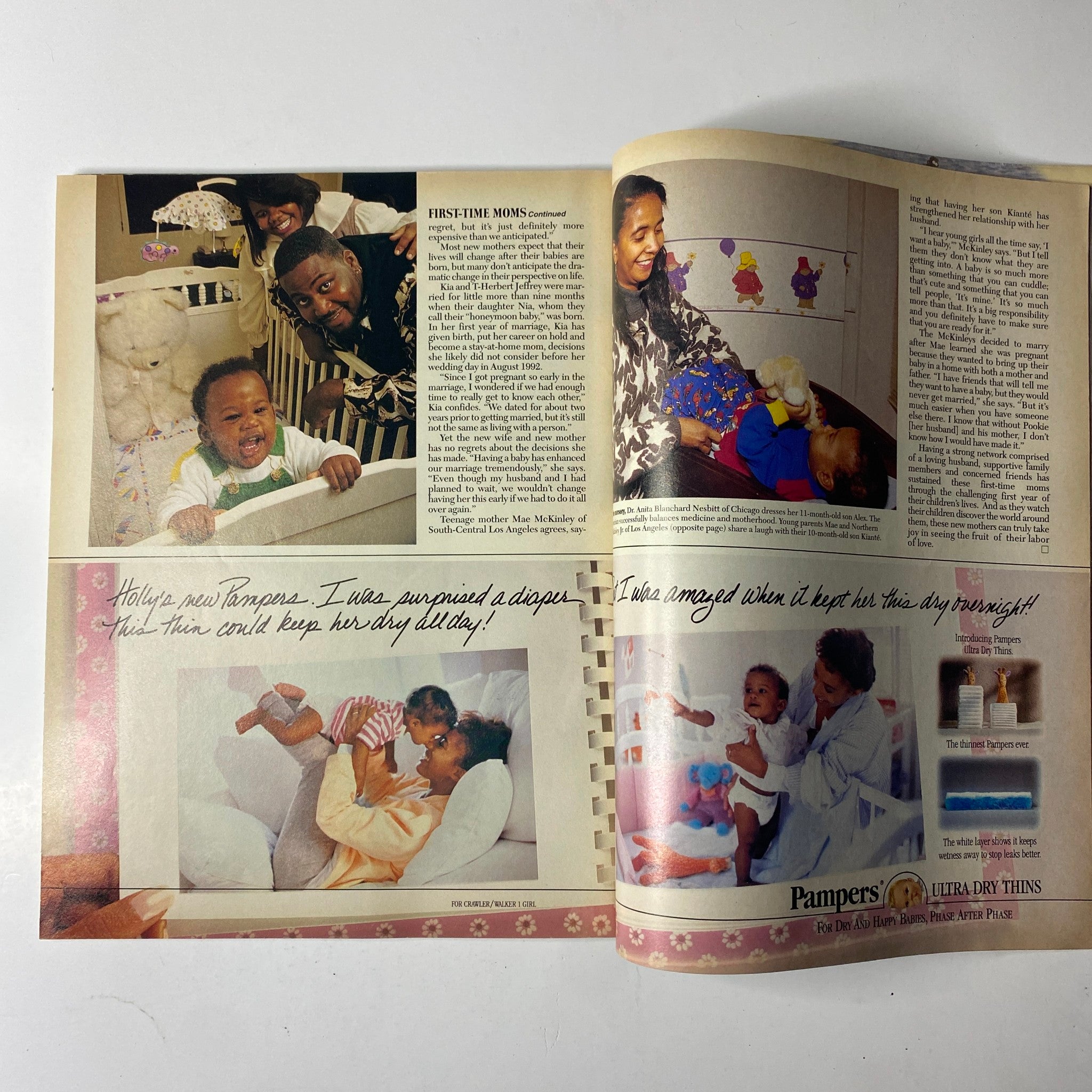 Interior page from Ebony Magazine January 1994 showcasing an article about new mothers, featuring images of parents with their babies. The article discusses parenting tips and experiences.