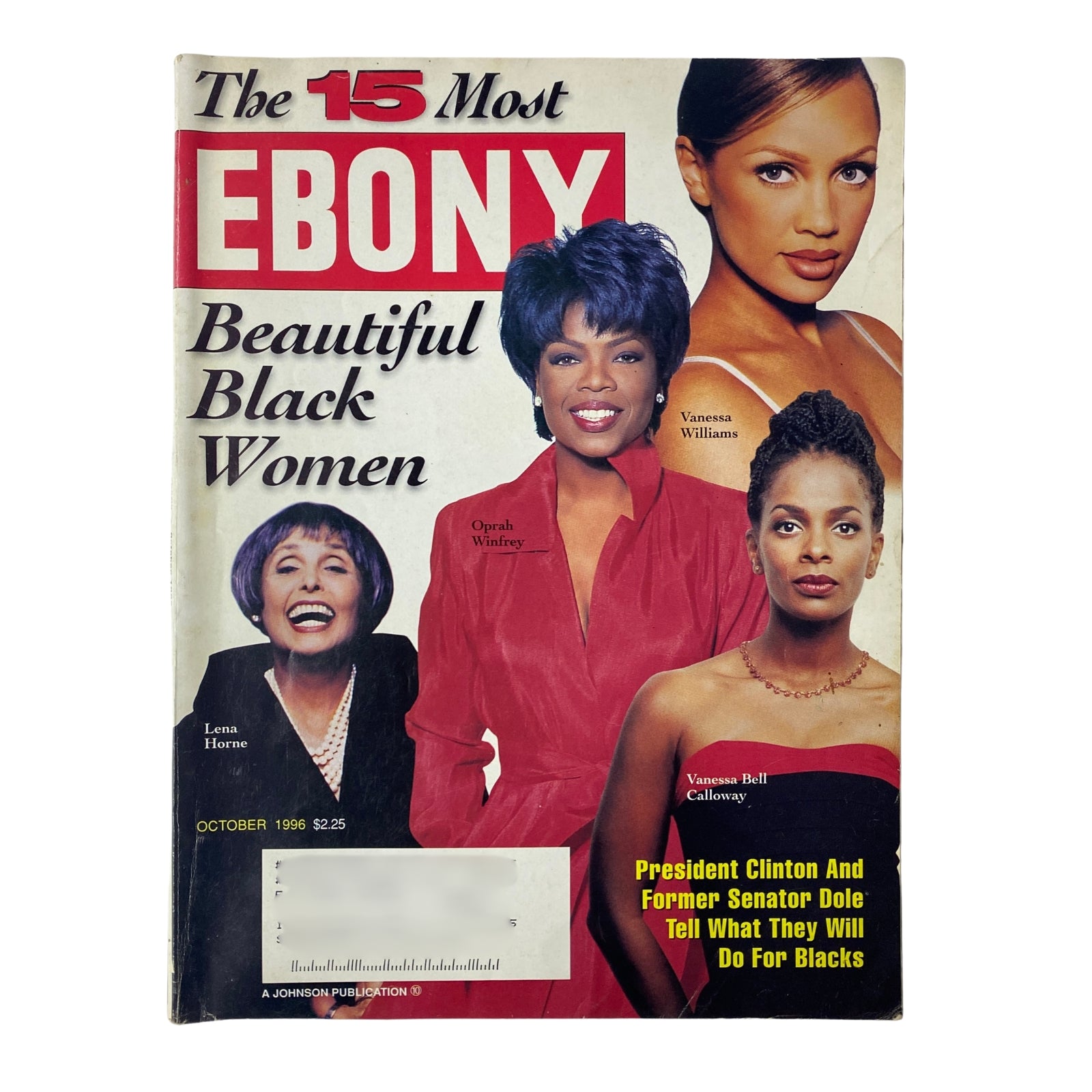 Ebony Magazine cover from October 1996 featuring Lena Horne, Oprah Winfrey, Vanessa Williams, and Vanessa Bell Calloway under the title 'The 15 Most Beautiful Black Women'.