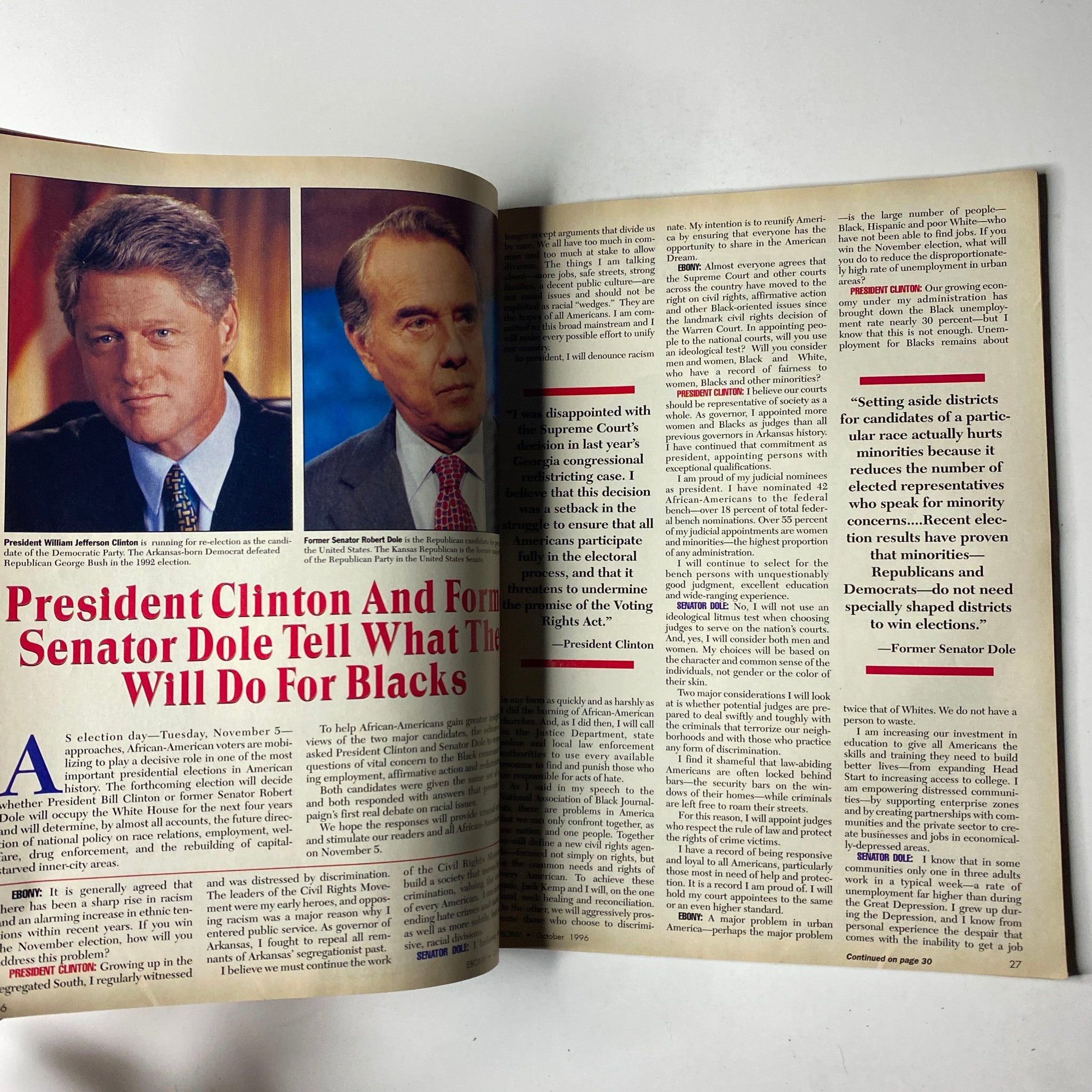 Interior page of Ebony Magazine October 1996 highlighting an article with images of President Clinton and Former Senator Dole discussing their plans for Black Americans.