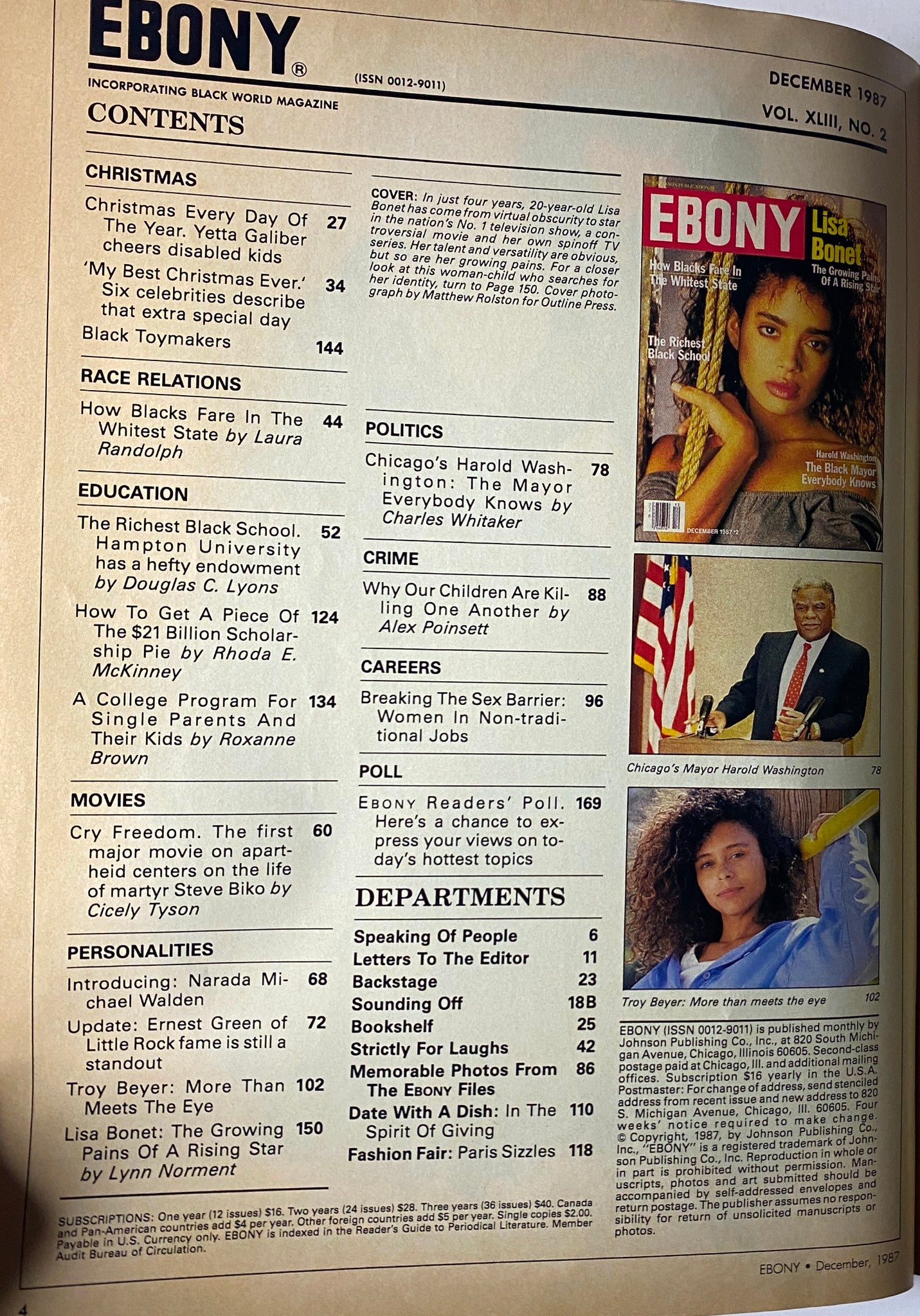 Contents page of Ebony Magazine December 1987, Vol. XLIII, No. 2, detailing articles such as 'How Blacks Fare In The Whitest State' and 'The Richest Black School,' alongside highlights from the cover story featuring Lisa Bonet.