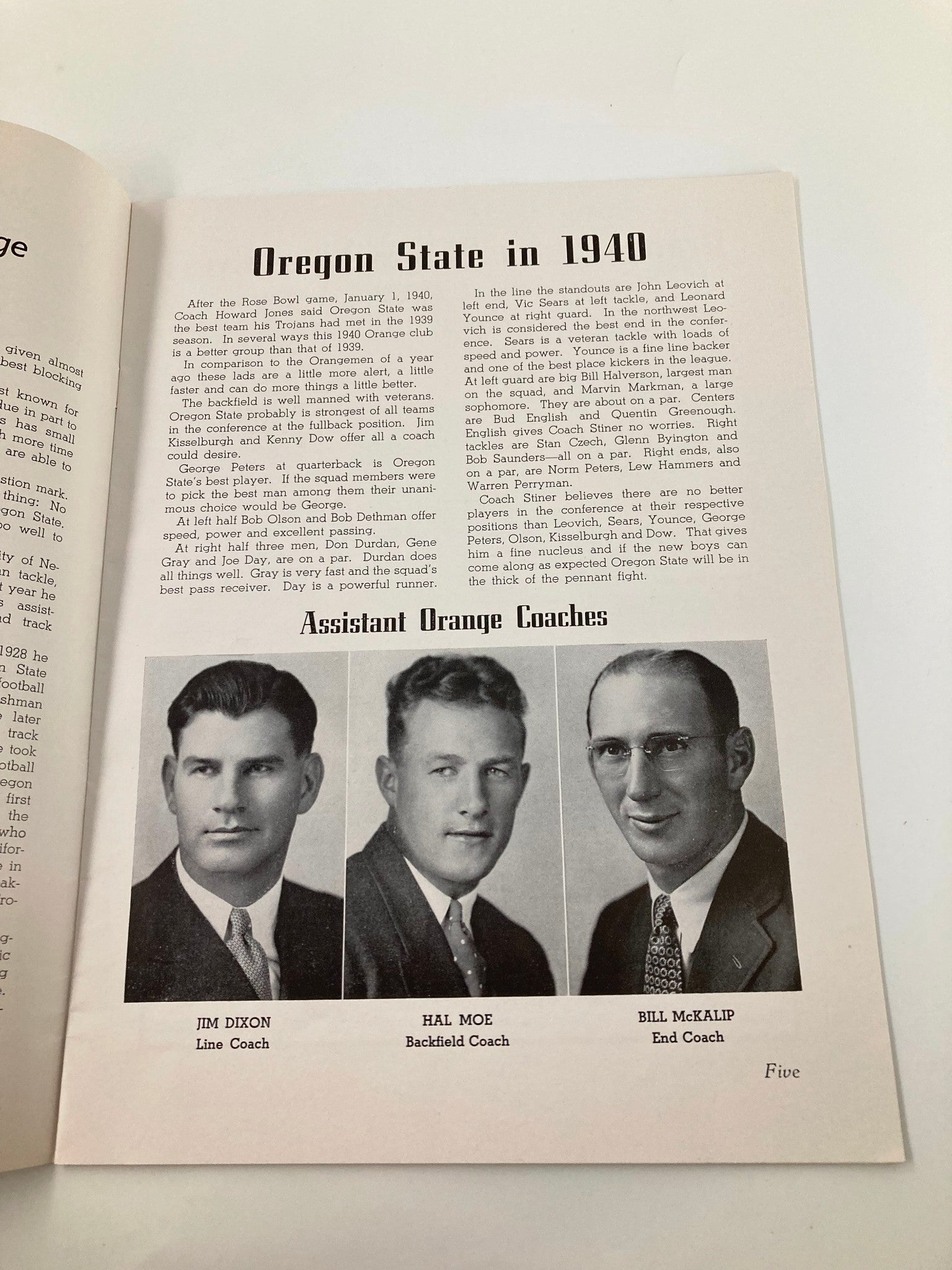 Page from 'The Pigskin Review' outlining Oregon State's football team in 1940, featuring biographies of assistant coaches Jim Dixon, Hal Moe, and Bill McKalip.