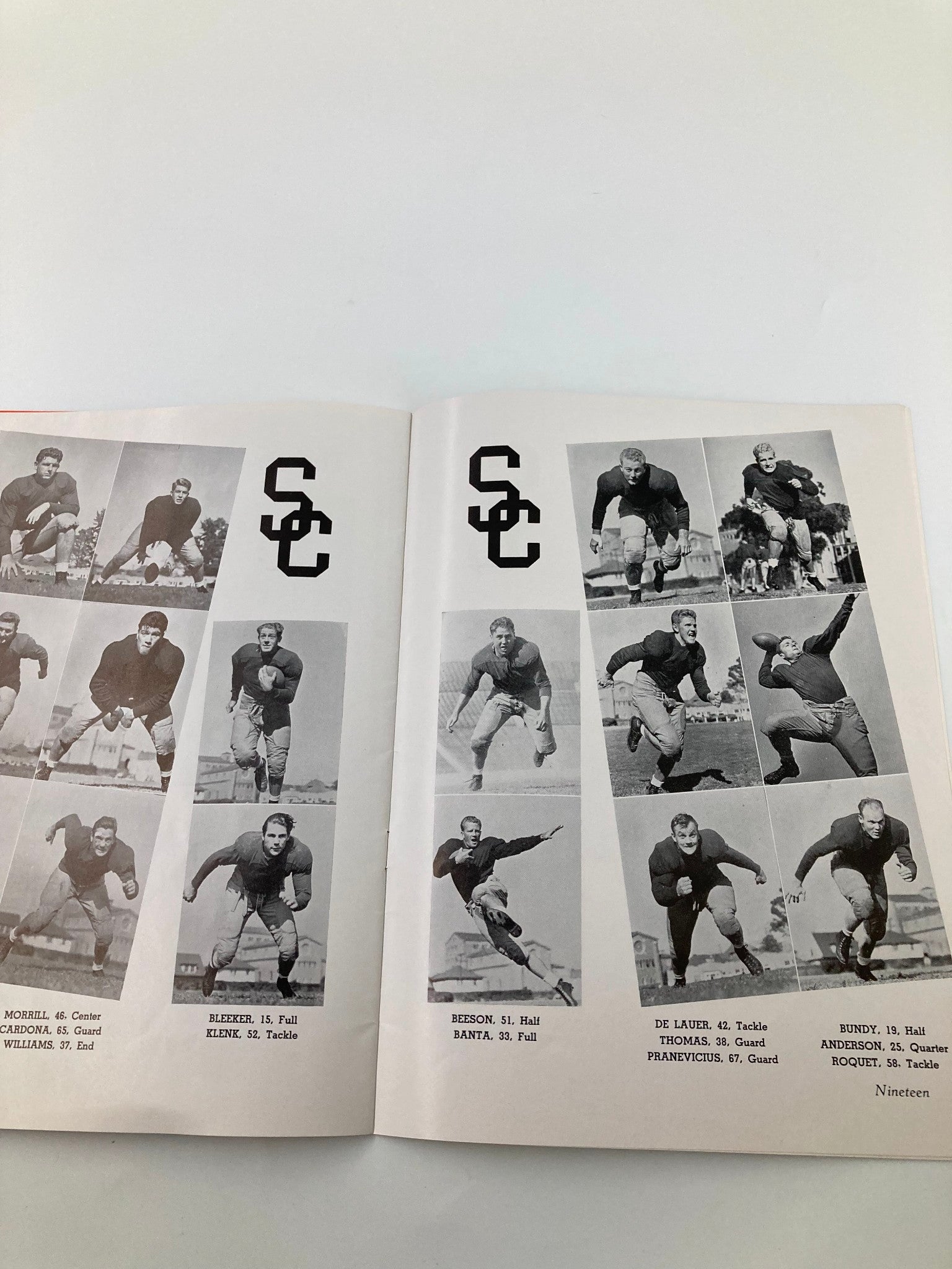 1940 NCAA Football USC Trojans vs Oregon State Beavers The Pigskin Review showing black and white images of USC football players, including names, positions, and team logos.