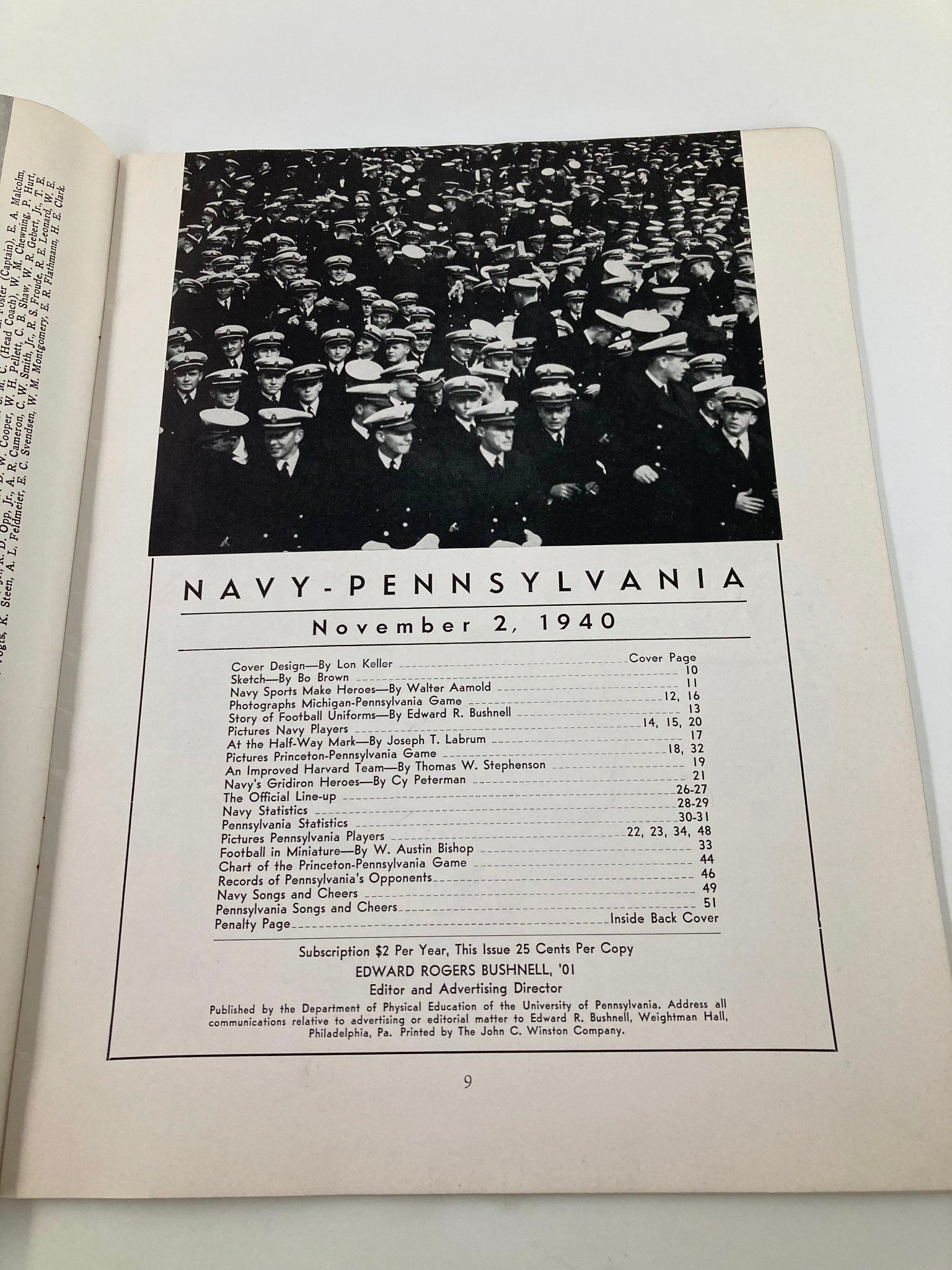 1940 NCAA Football Navy vs Pennsylvania Official Statistics Program