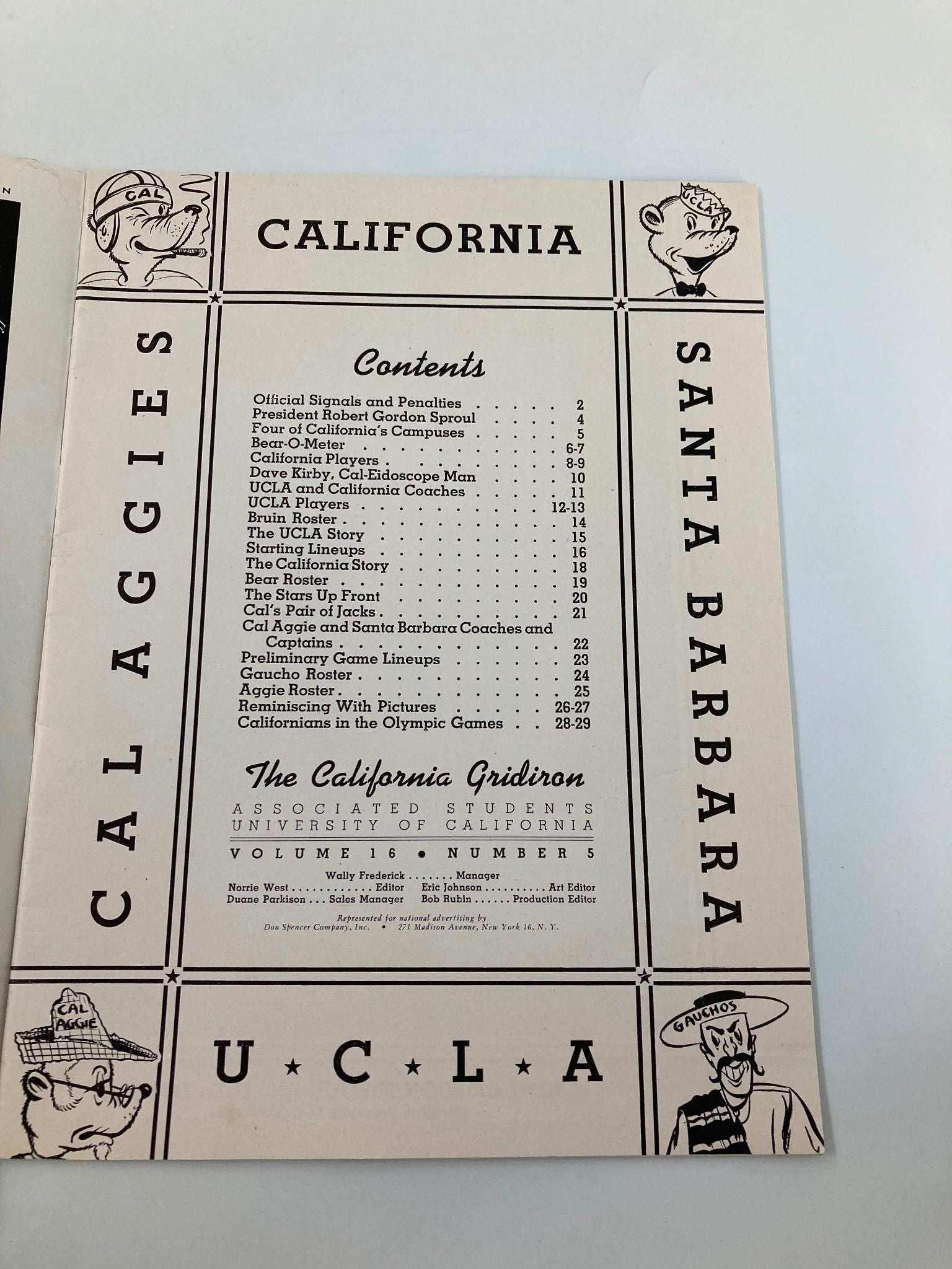 Inside page of the 1948 NCAA Football program detailing the contents, titled 'California' and listing sections about the game between UCLA Bruins and California Golden Bears.