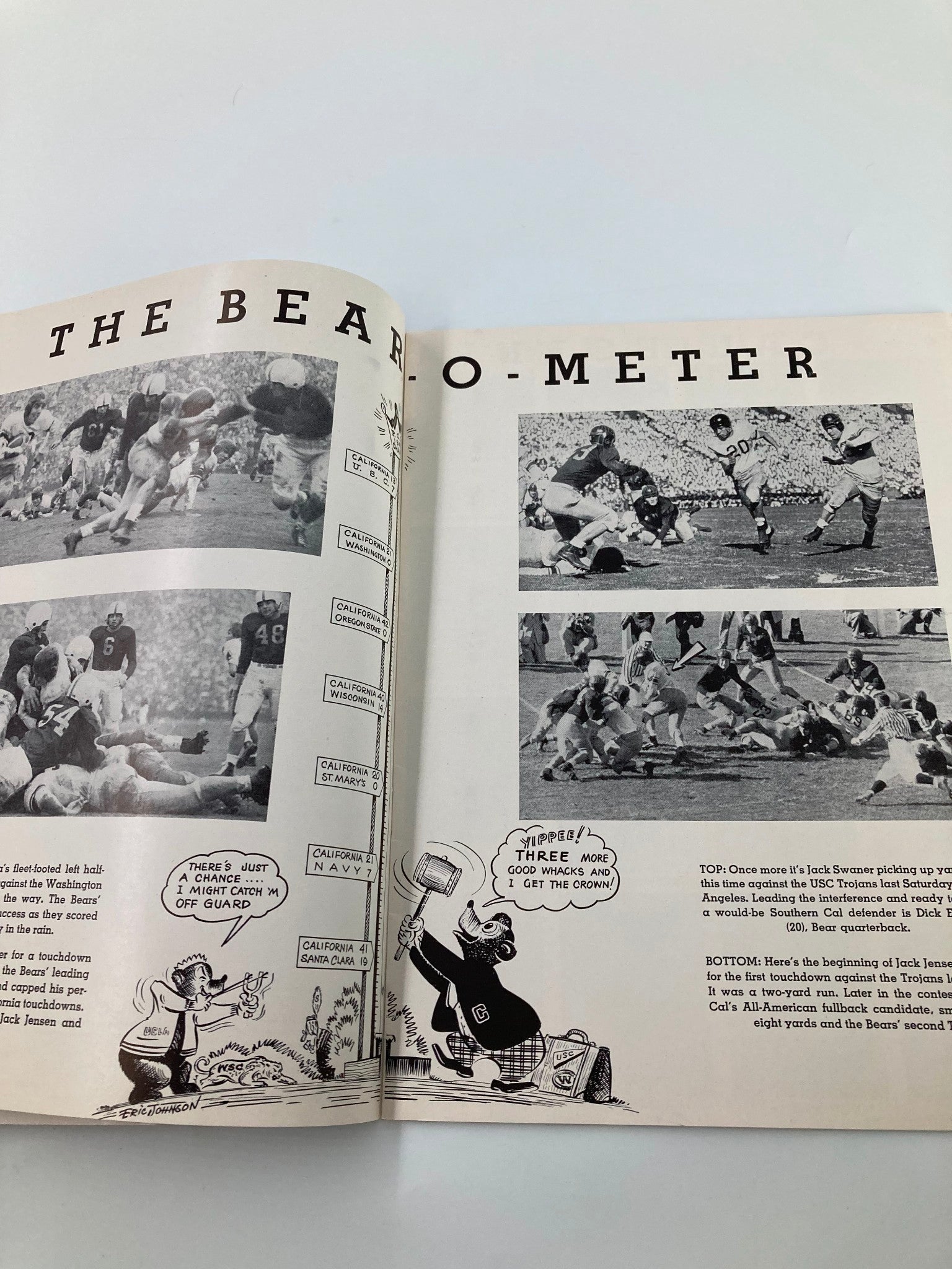 Page from the 1948 NCAA Football program with 'Bear O-Meter' and images of football action, highlighting the game between UCLA Bruins and California Golden Bears.