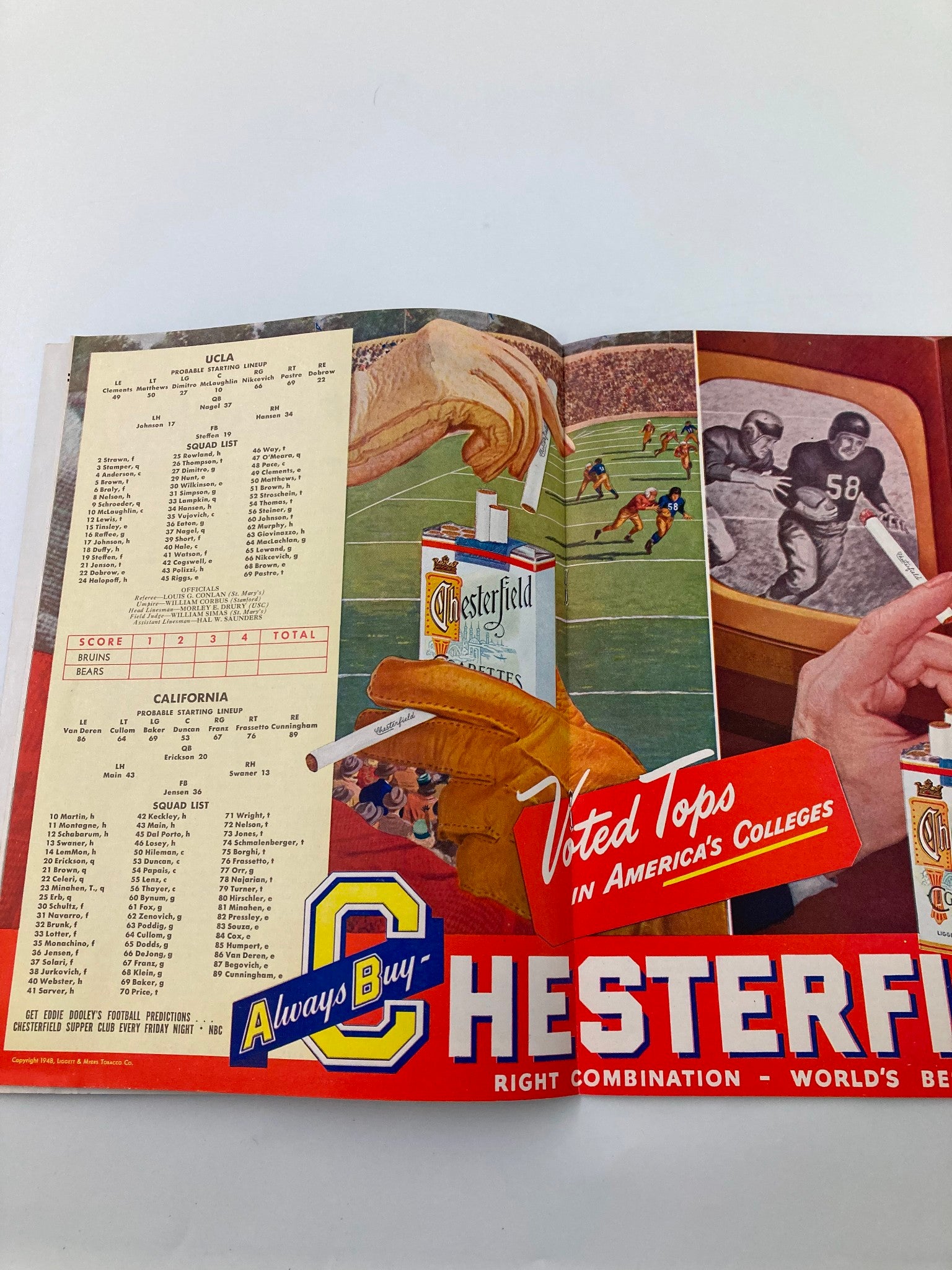 1948 NCAA Football UCLA Bruins v California Golden Bears The California Gridiron advertisement for Chesterfield cigarettes with game statistics.