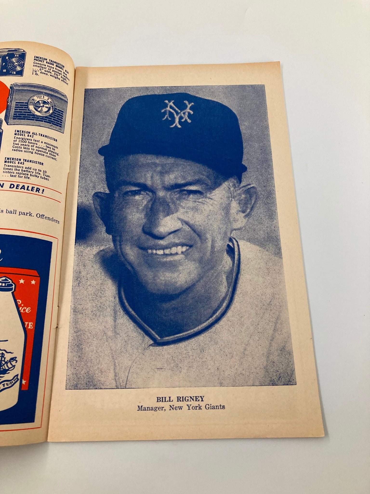 Interior page of the 1956 MLB New York Giants Official Program featuring a black and white image of Bill Rigney, manager of the New York Giants, showcasing classic baseball history.