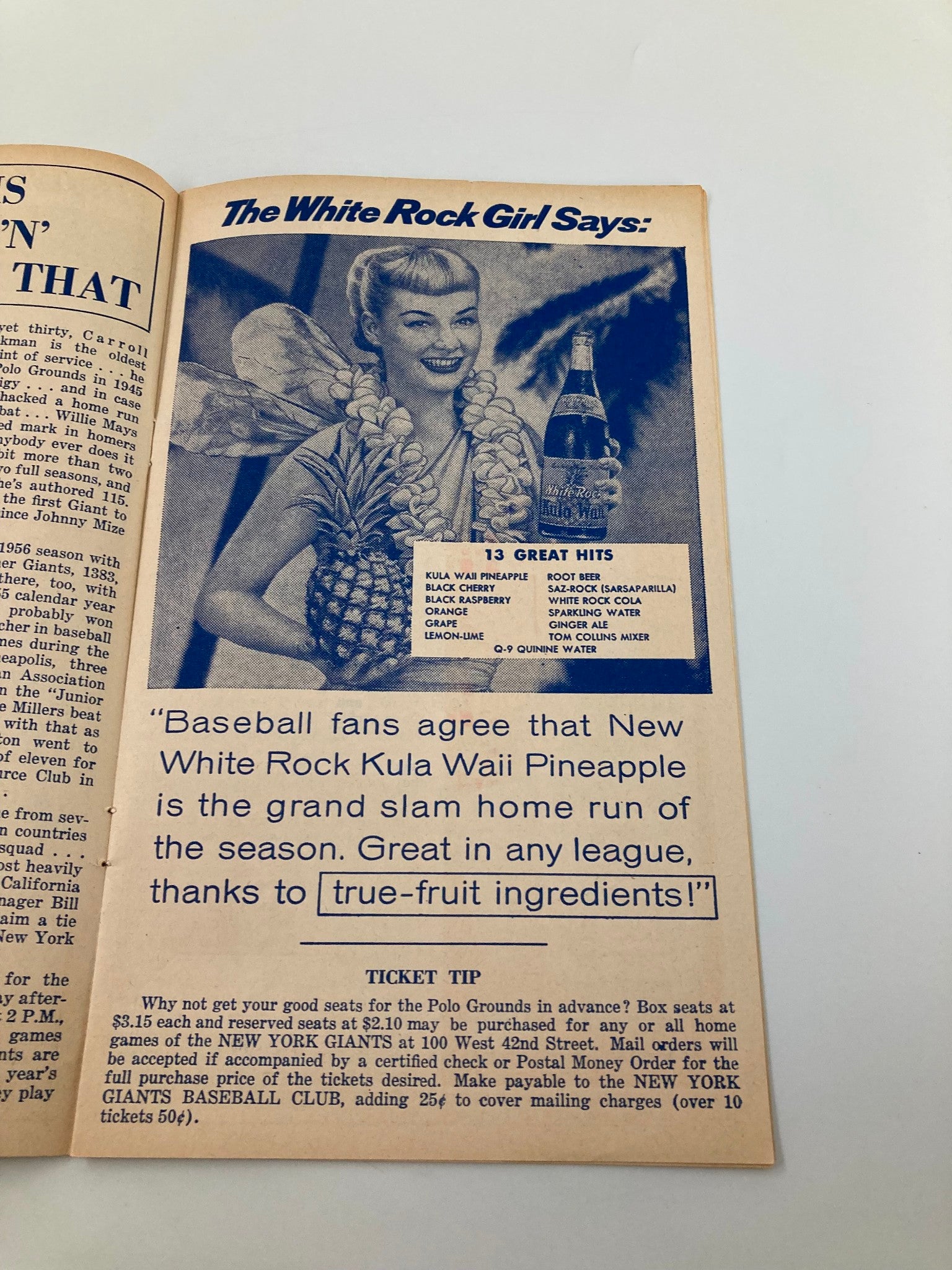 Image from the 1956 MLB New York Giants Official Program and Score Card featuring the White Rock Girl promoting Kula Wai Pineapple drink, showcasing vintage advertisements from the era.