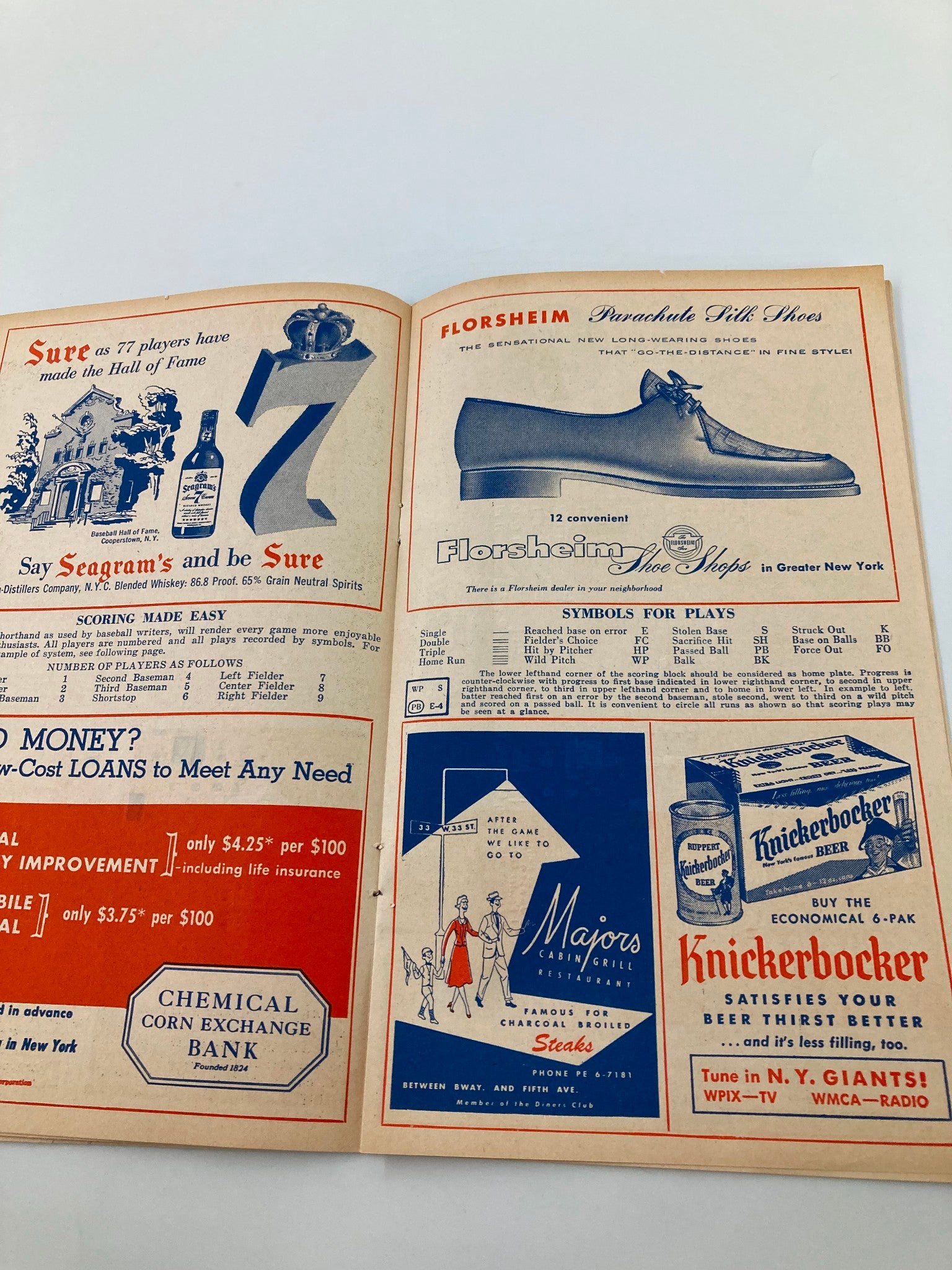 Advertisement page from the 1956 MLB New York Giants Official Program and Score Card, highlighting various products including Florsheim shoes and Knickerbocker beer, capturing the vintage marketing style.