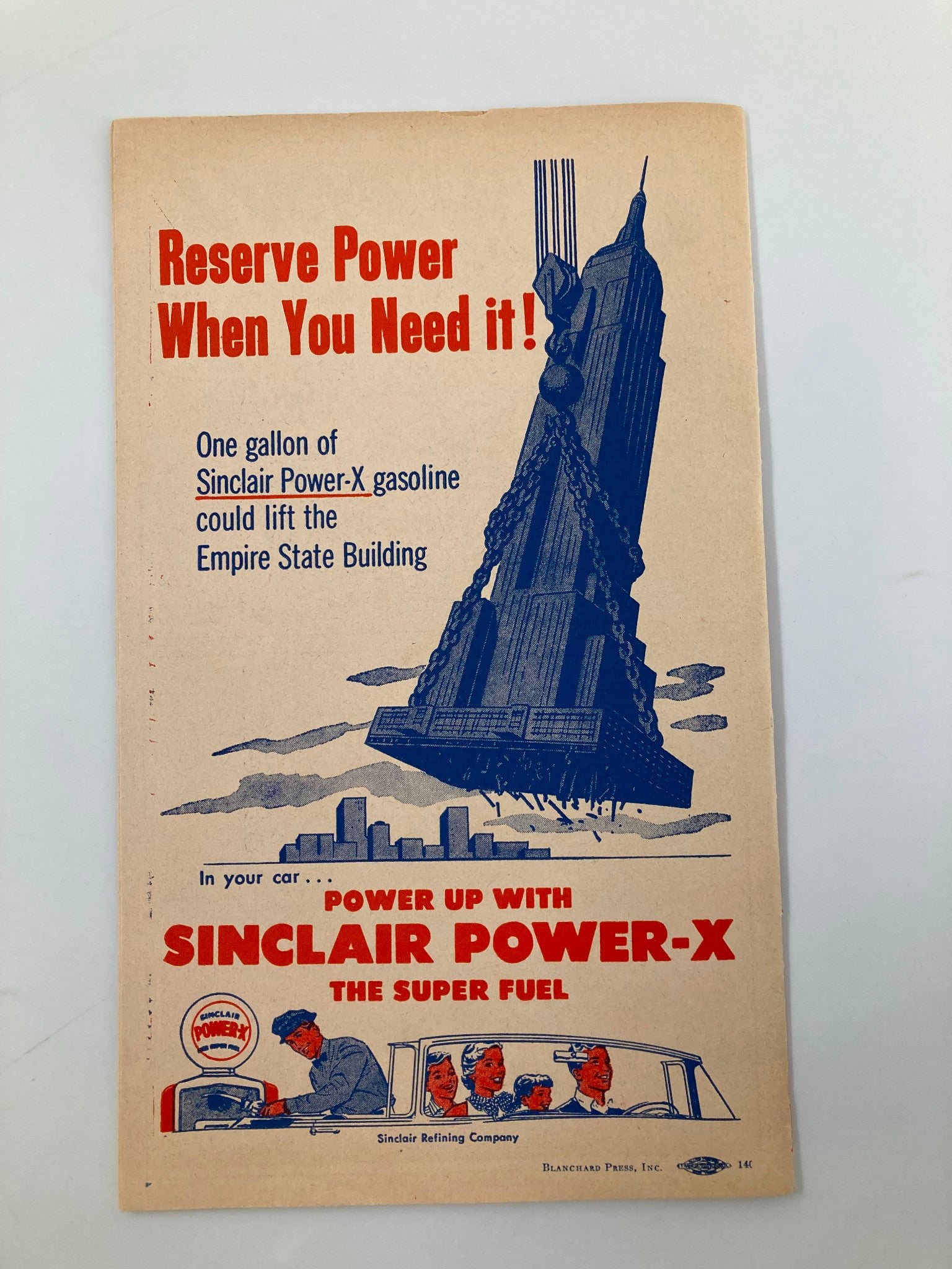 1956 MLB New York Giants Official Program and Score Card showcasing a vintage advertisement for Sinclair Power-X gasoline, highlighting the marketing trends and promotional art from the era.