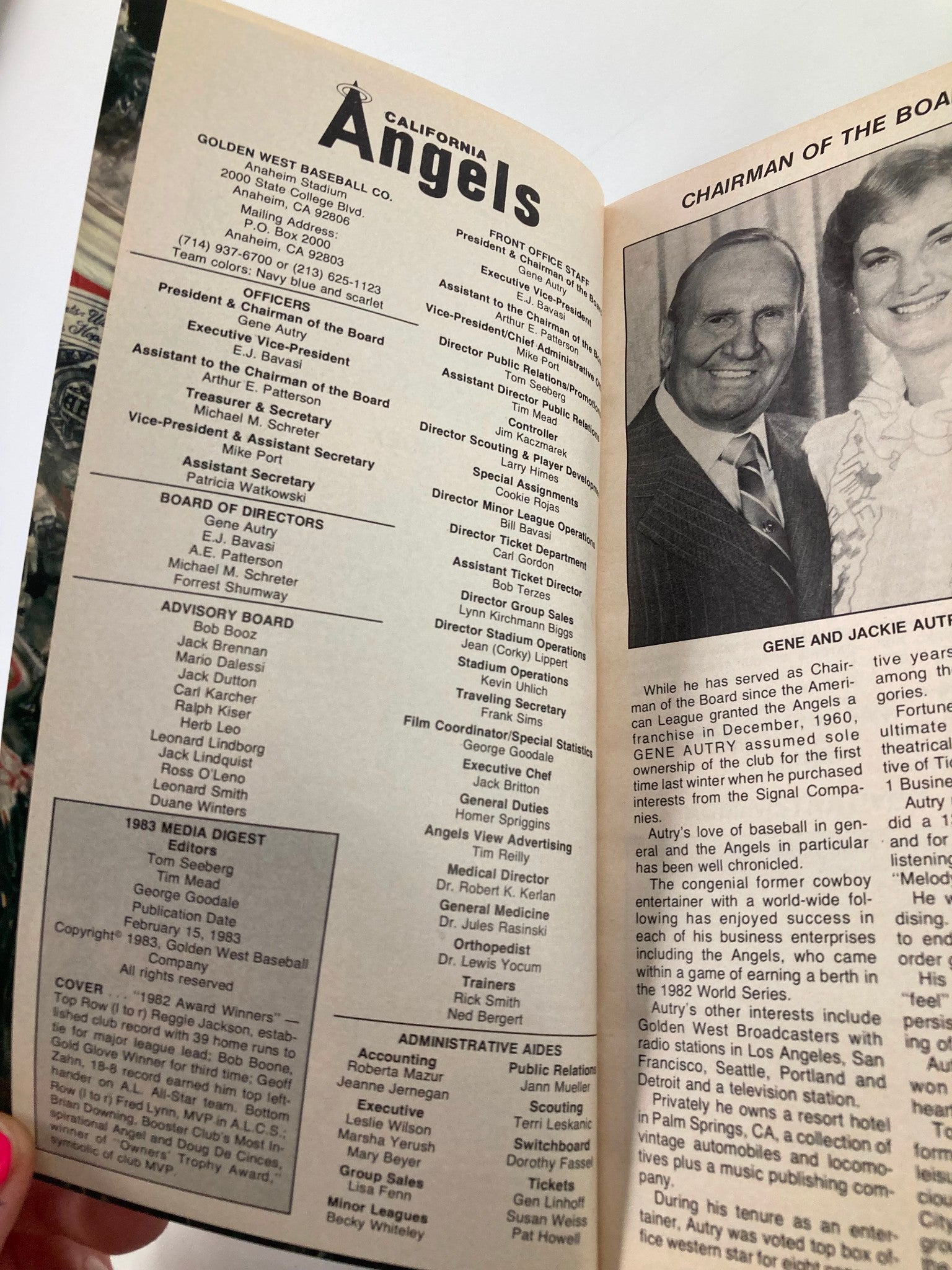 Interior page of the 1983 MLB California Angels American League West Champion Media Digest listing officers and board members of the California Angels.