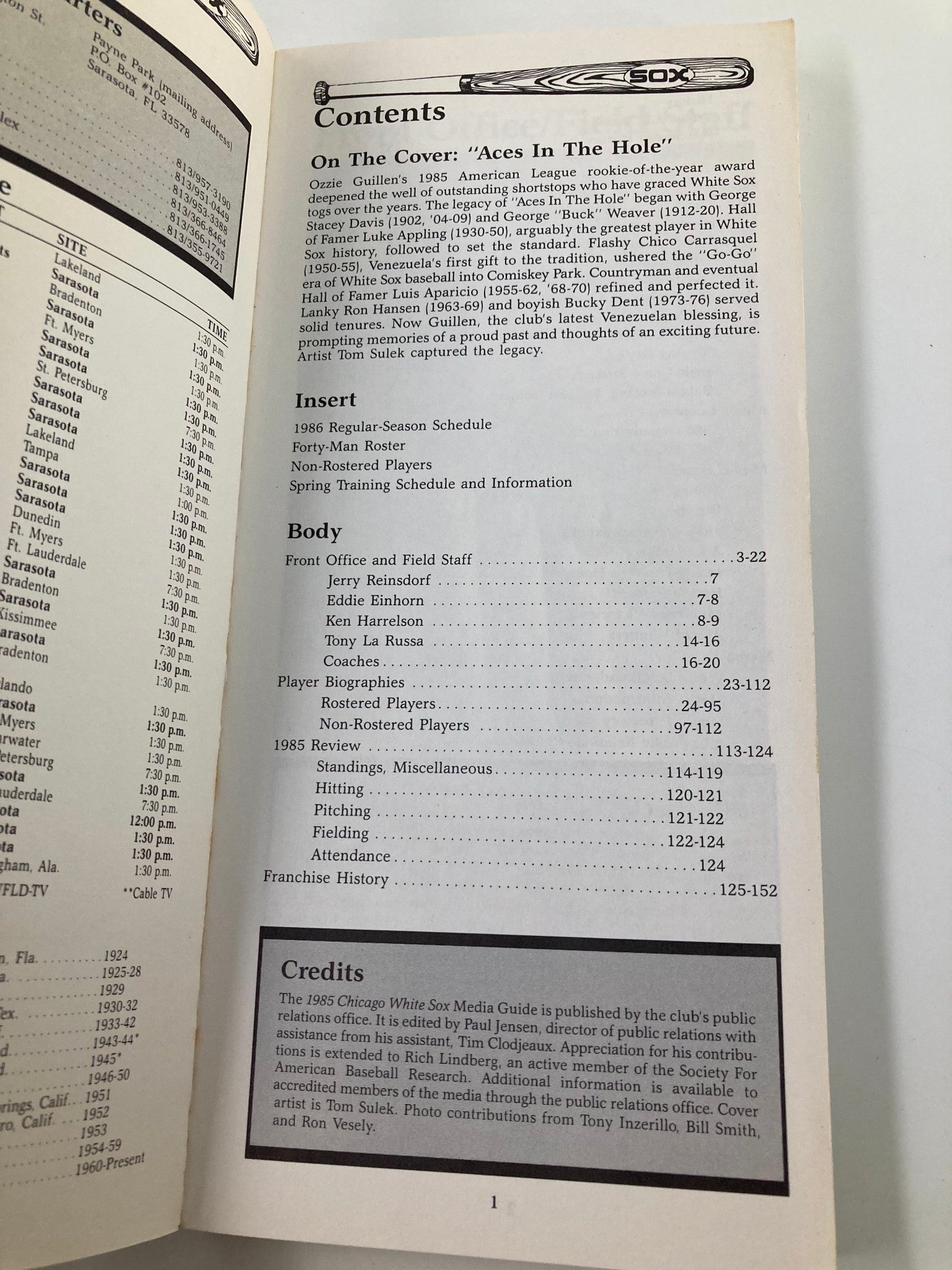 1986 MLB Chicago White Sox Media Guide Aces In The Hole