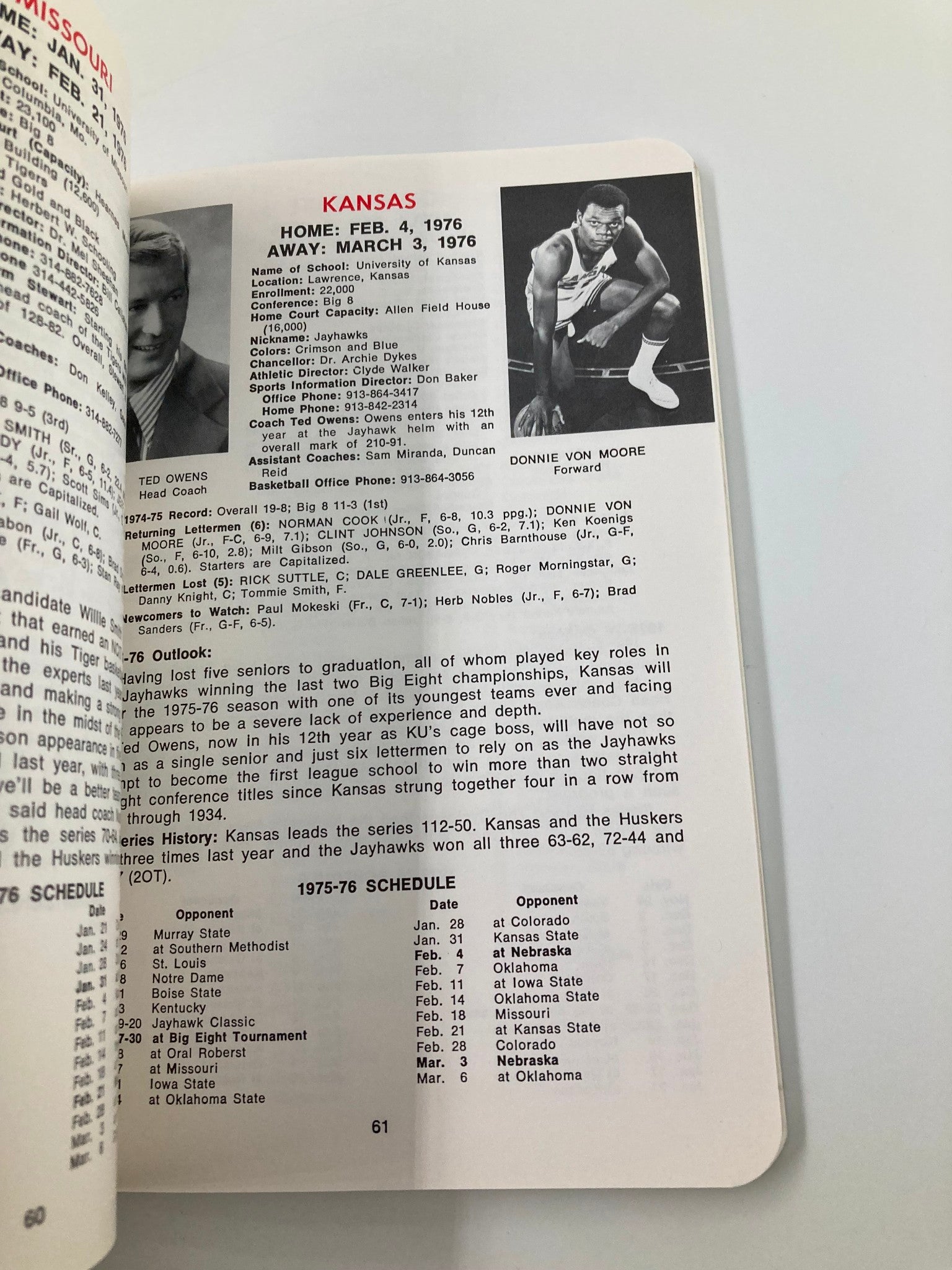 1975-1976 NCAA Nebraska Cornhuskers Basketball Media Guide