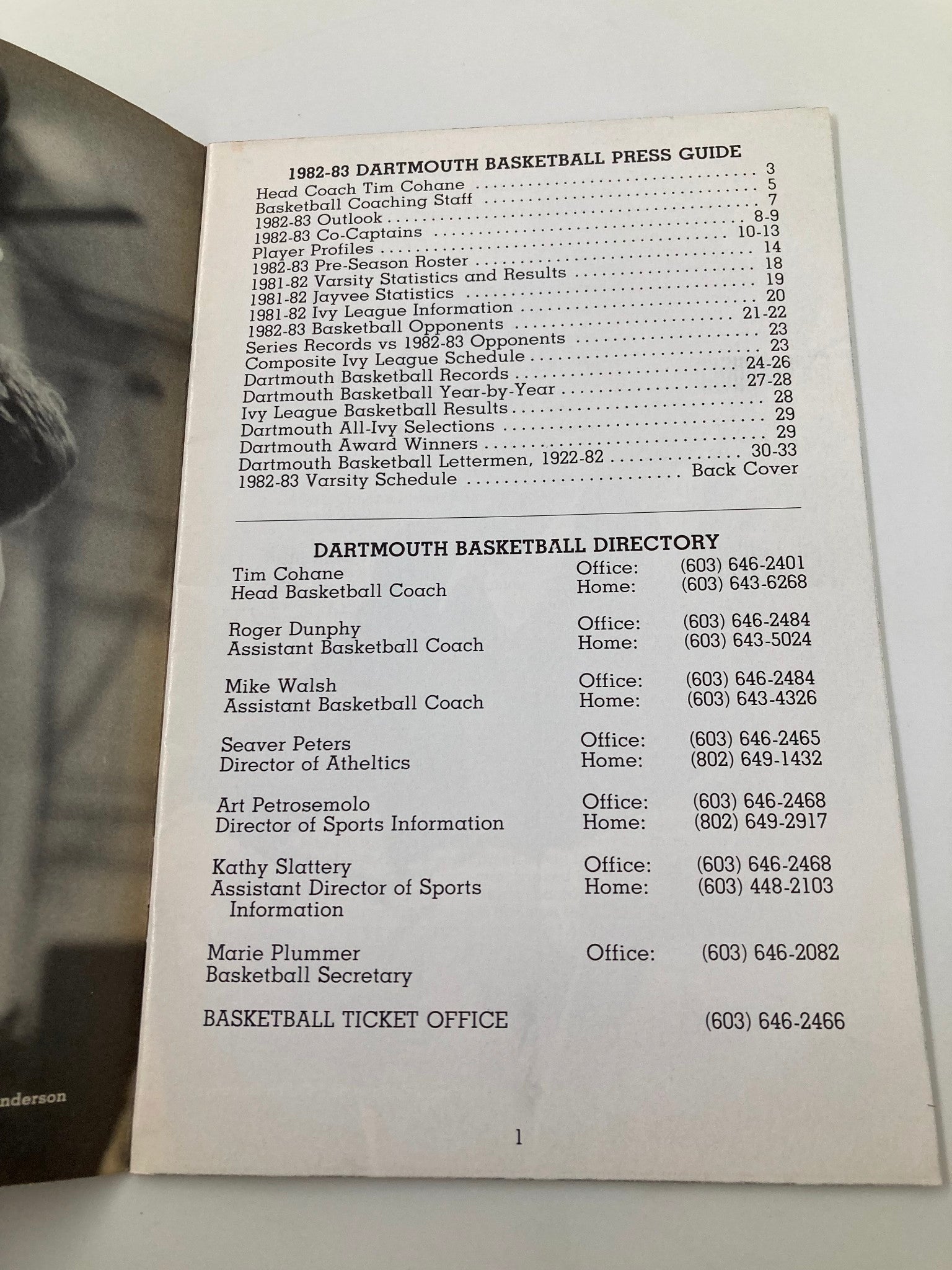 1982-1983 NCAA Dartmouth Big Green Basketball Official Press Guide