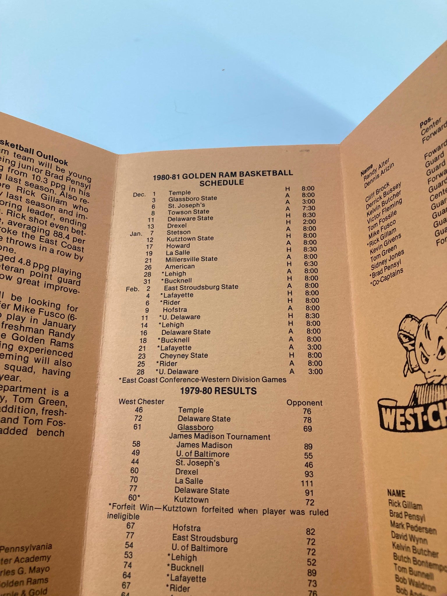 1980-1981 NCAA West Chester Golden Rams Index Basketball Press Information