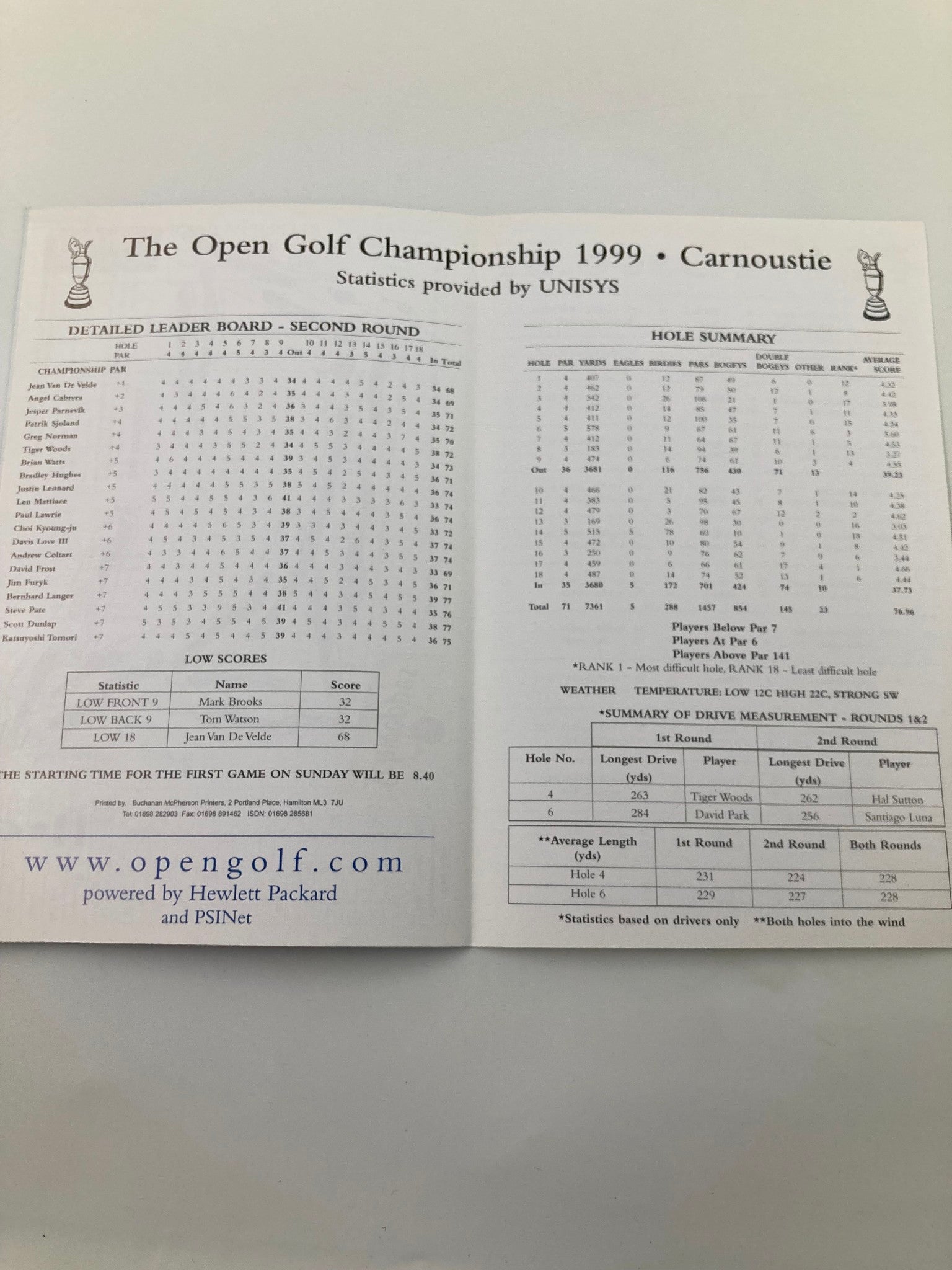 July 17 1999 Carnoustie Order of the Play The Open Championship Golf VG