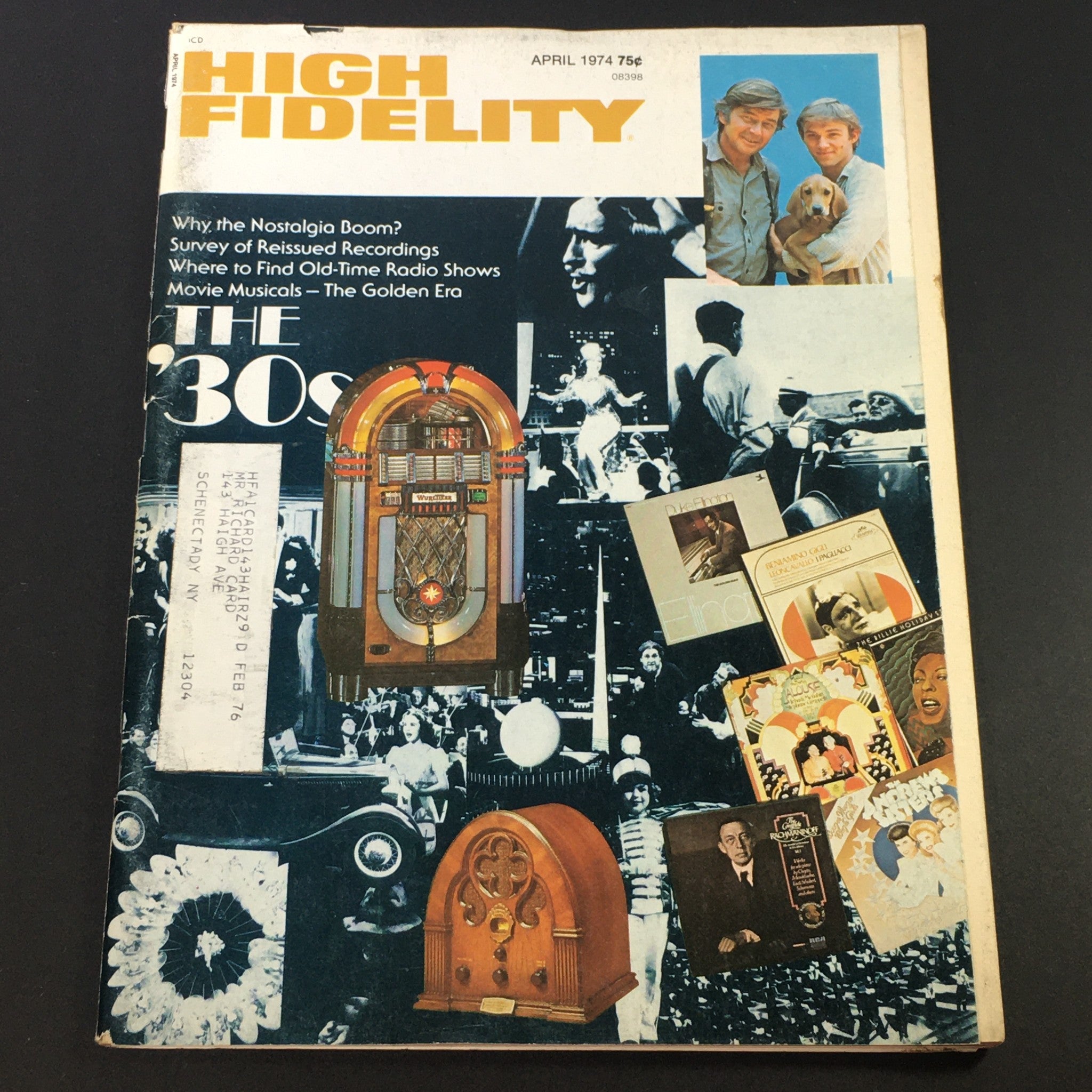 Cover of VTG High Fidelity Music Magazine April 1974 featuring nostalgic imagery from the 1930s, including a jukebox and various musical icons, highlighting movie musicals from the Golden Era.
