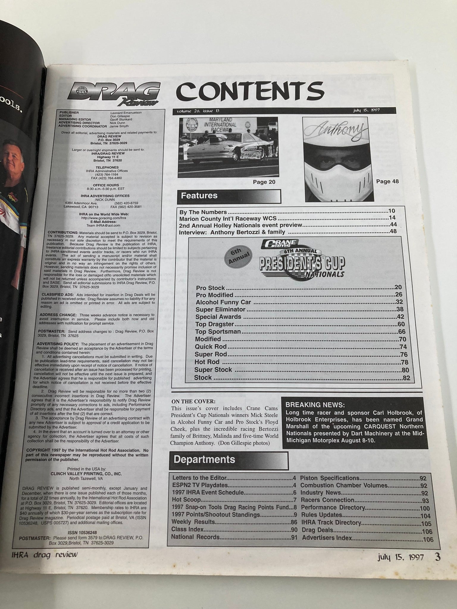 IHRA Drag Review Magazine July 15 1997 World Champion  Anthony Bertozzi