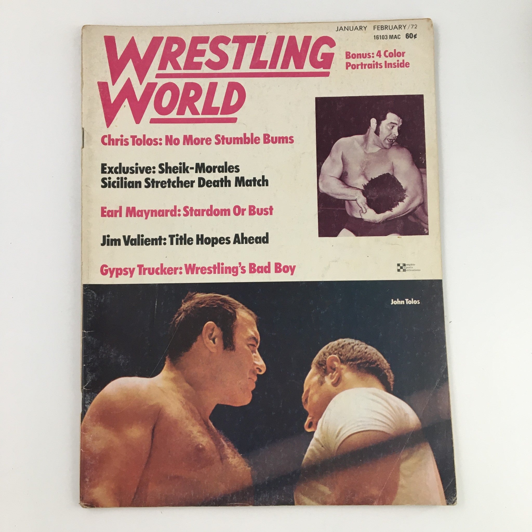 Cover of Wrestling World Magazine February 1972 featuring John Tolos and Sheik vs Pedro Morales, with a headline and various wrestling articles.