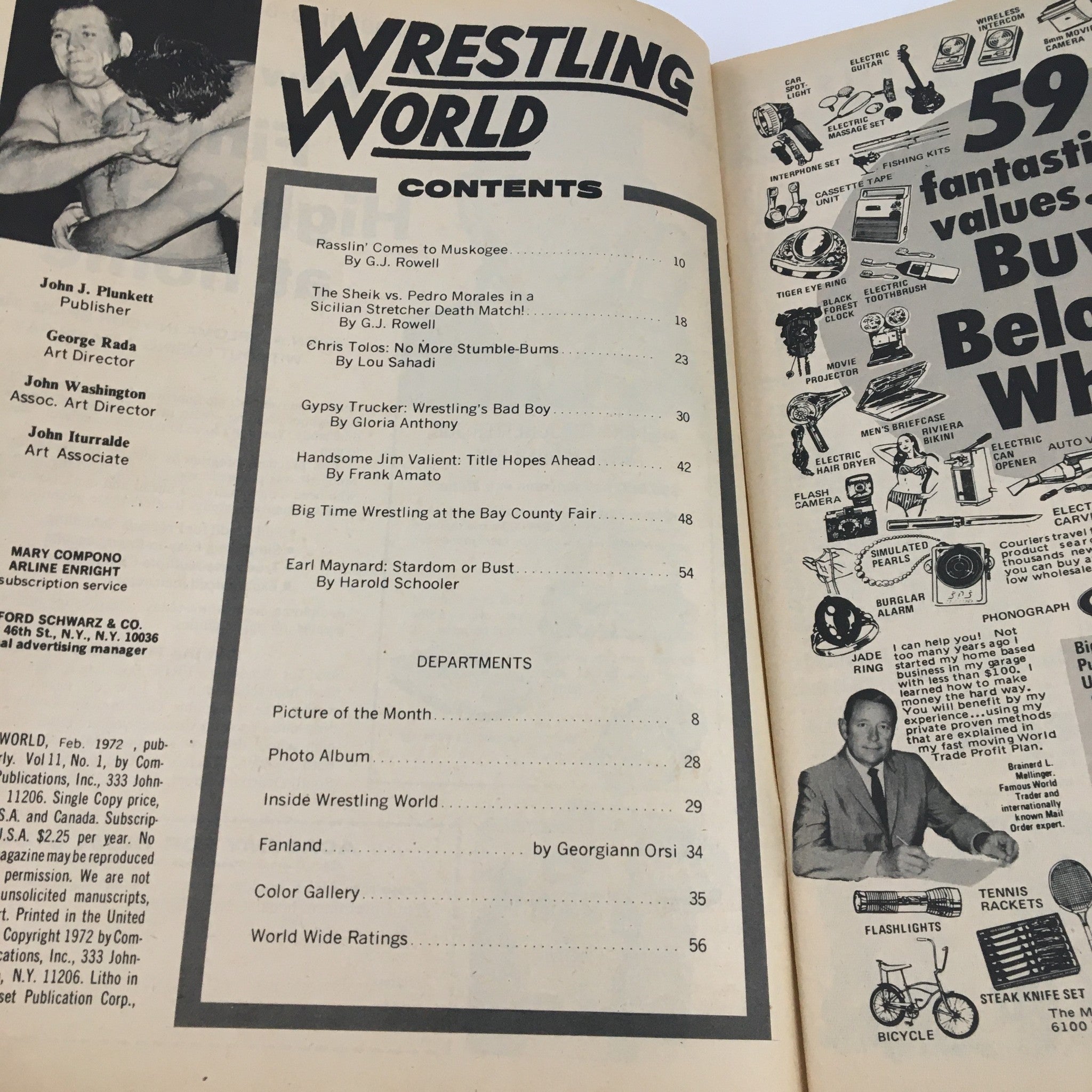 Interior page of Wrestling World Magazine February 1972 displaying the table of contents, showcasing articles, matches, and features.