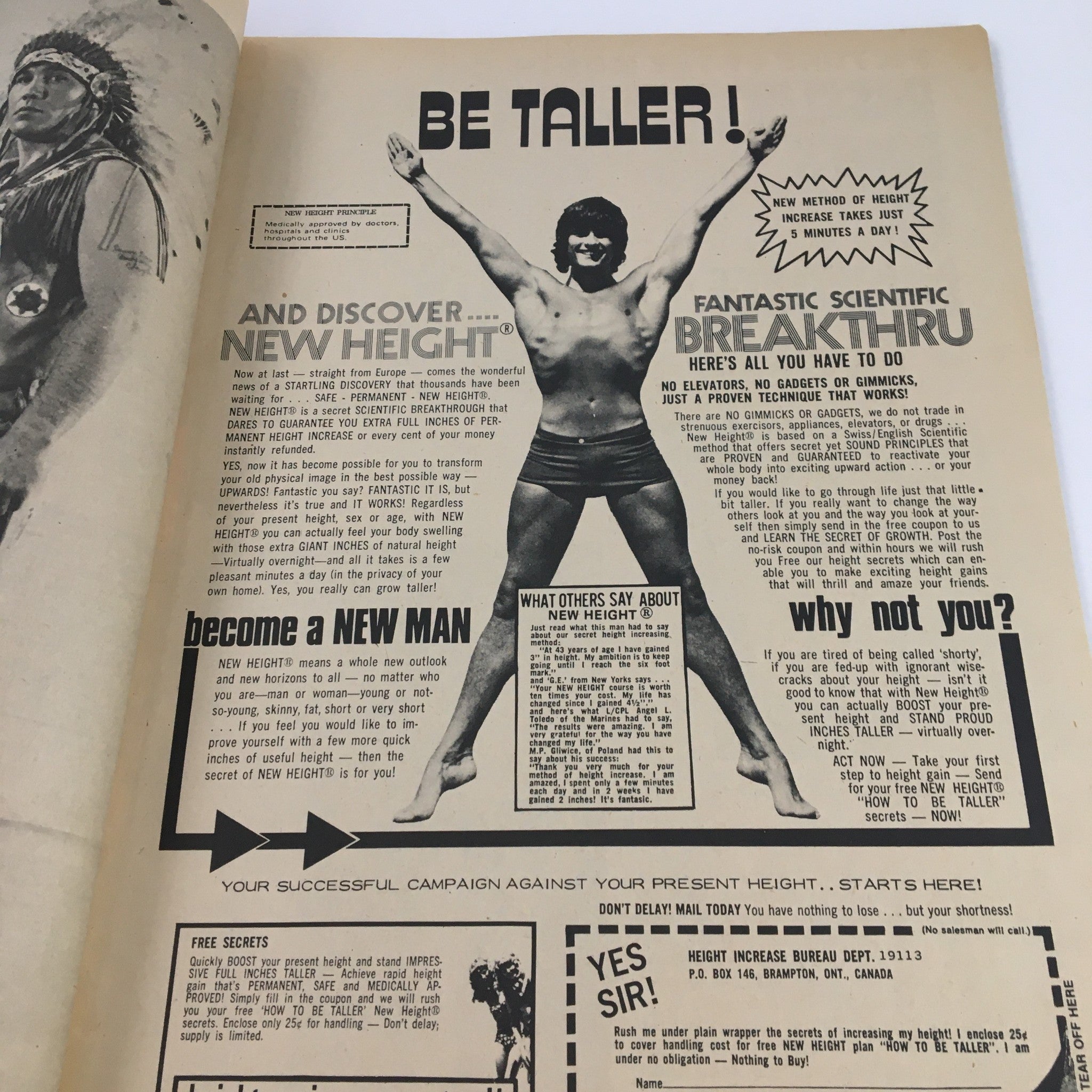 Advertisement in Wrestling World Magazine February 1972 promoting a height increase product, with a muscular model demonstrating the concept.