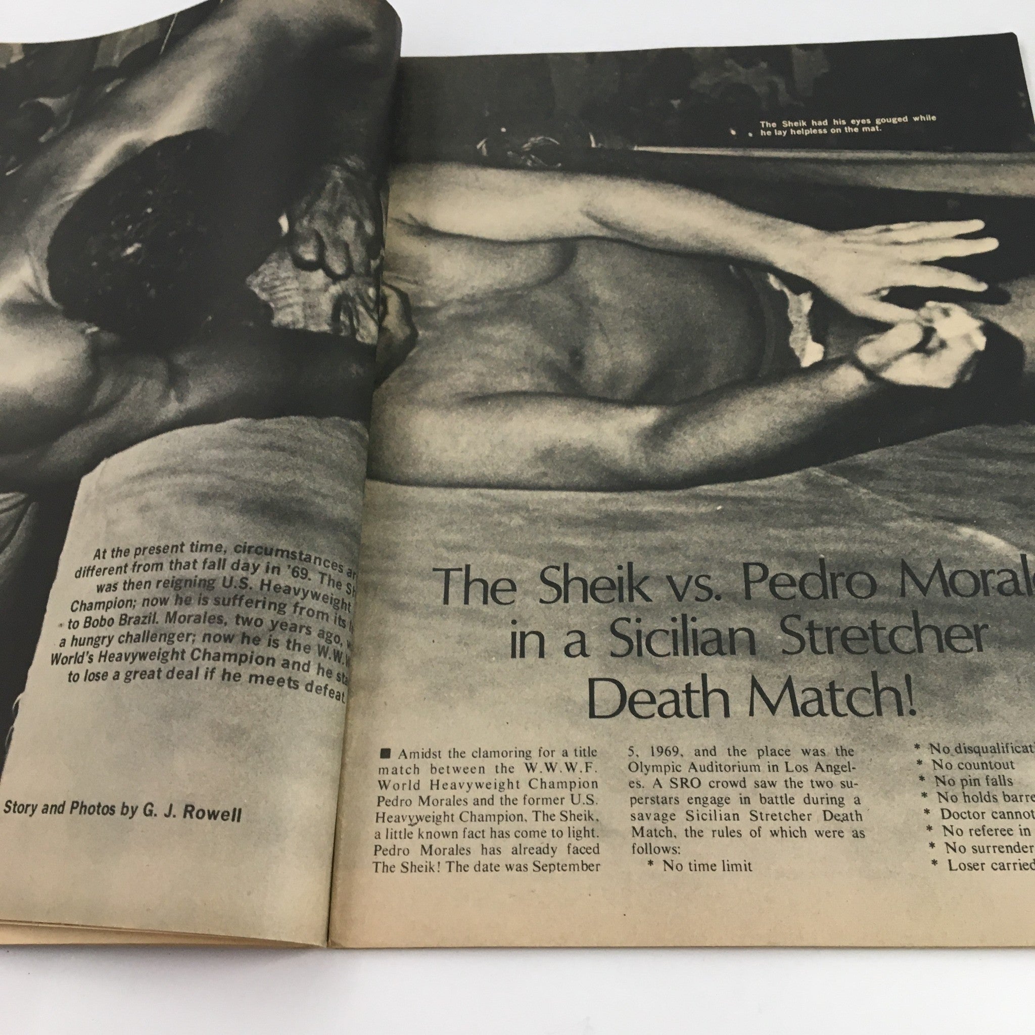 Wrestling World Magazine February 1972 showing The Sheik in a dramatic moment during a match against Pedro Morales, highlighting the intensity of professional wrestling.