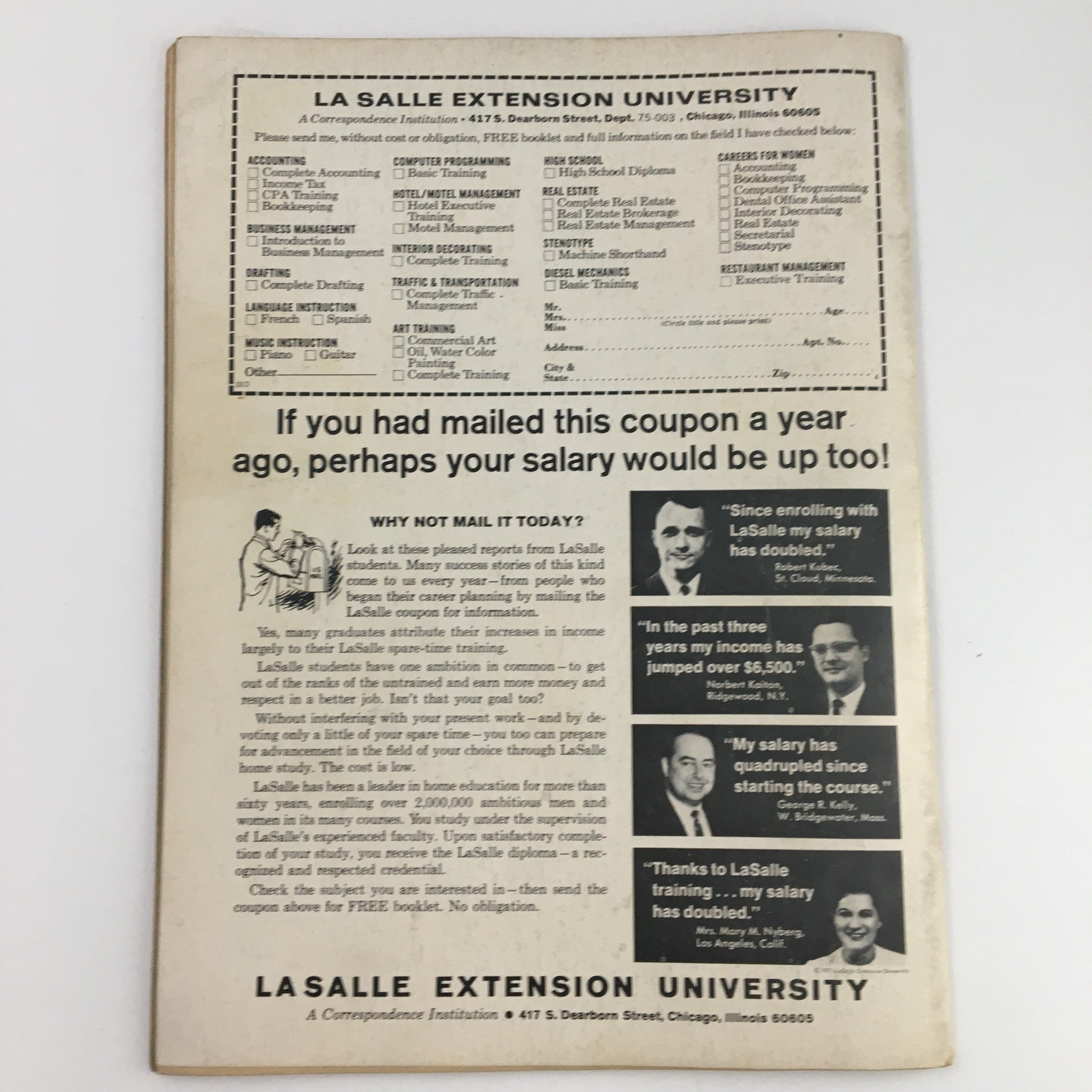 Wrestling World Magazine February 1972 showcasing an advertisement on the back cover for La Salle Extension University demonstrating educational opportunities.