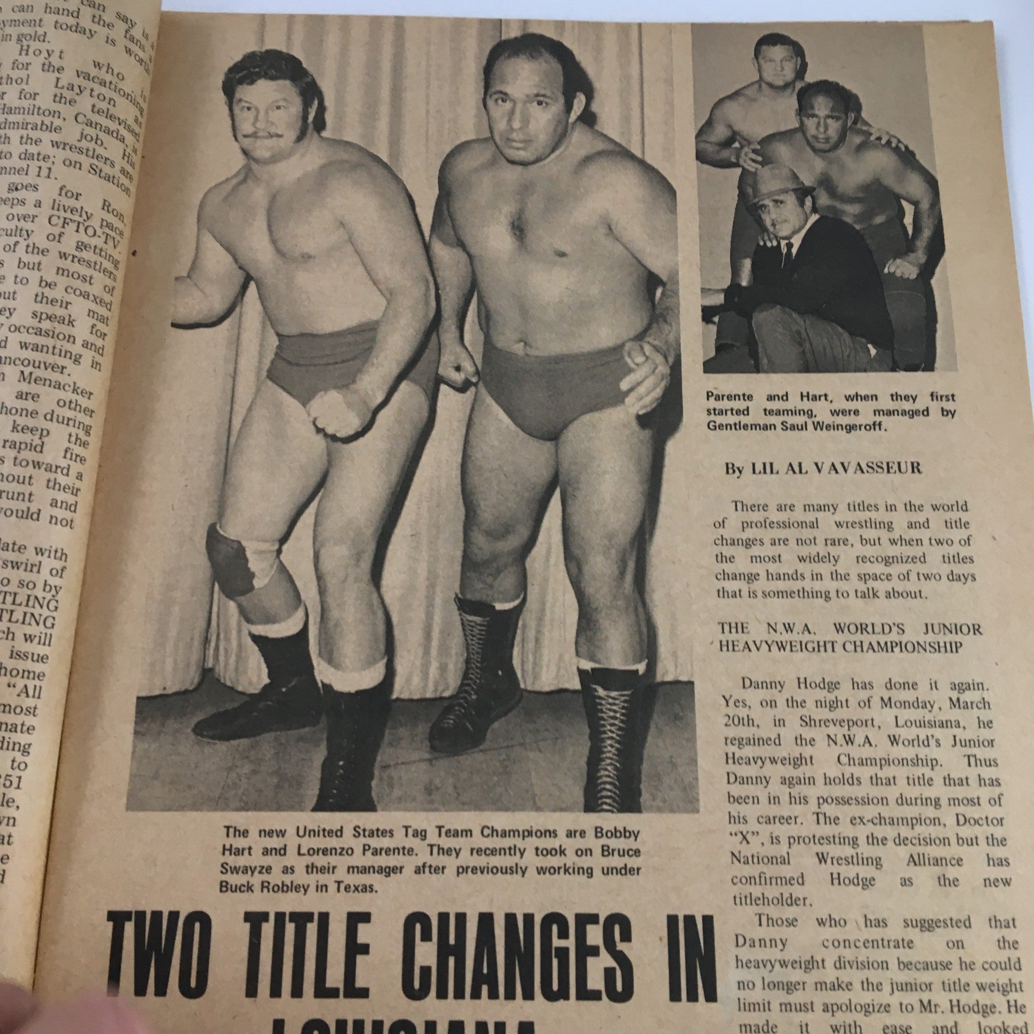 Wrestling Monthly Magazine July 1972 Don Leo Jonathan & Danny Hodge - Image featuring United States Tag Team Champions Bobby Hart and Lorenzo Parente, highlighting wrestling title history.