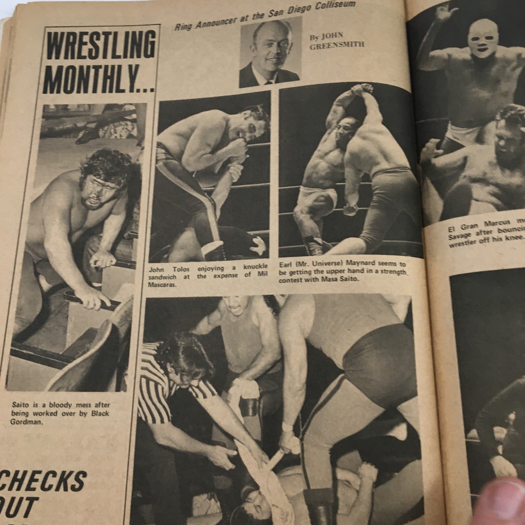 Wrestling Monthly Magazine July 1972 Don Leo Jonathan & Danny Hodge - Collage of wrestling moments including ring announcer commentary and match highlights from the era.