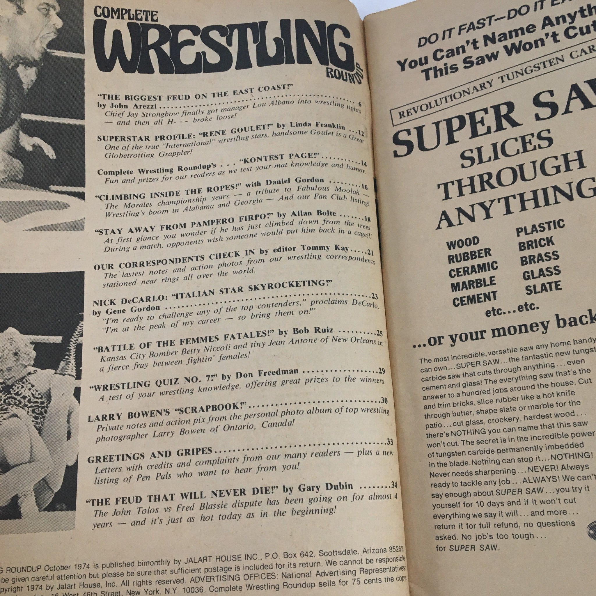 Complete Wrestling Roundup October 1974 Pampero Firpo & Nick DeCarco, No Label