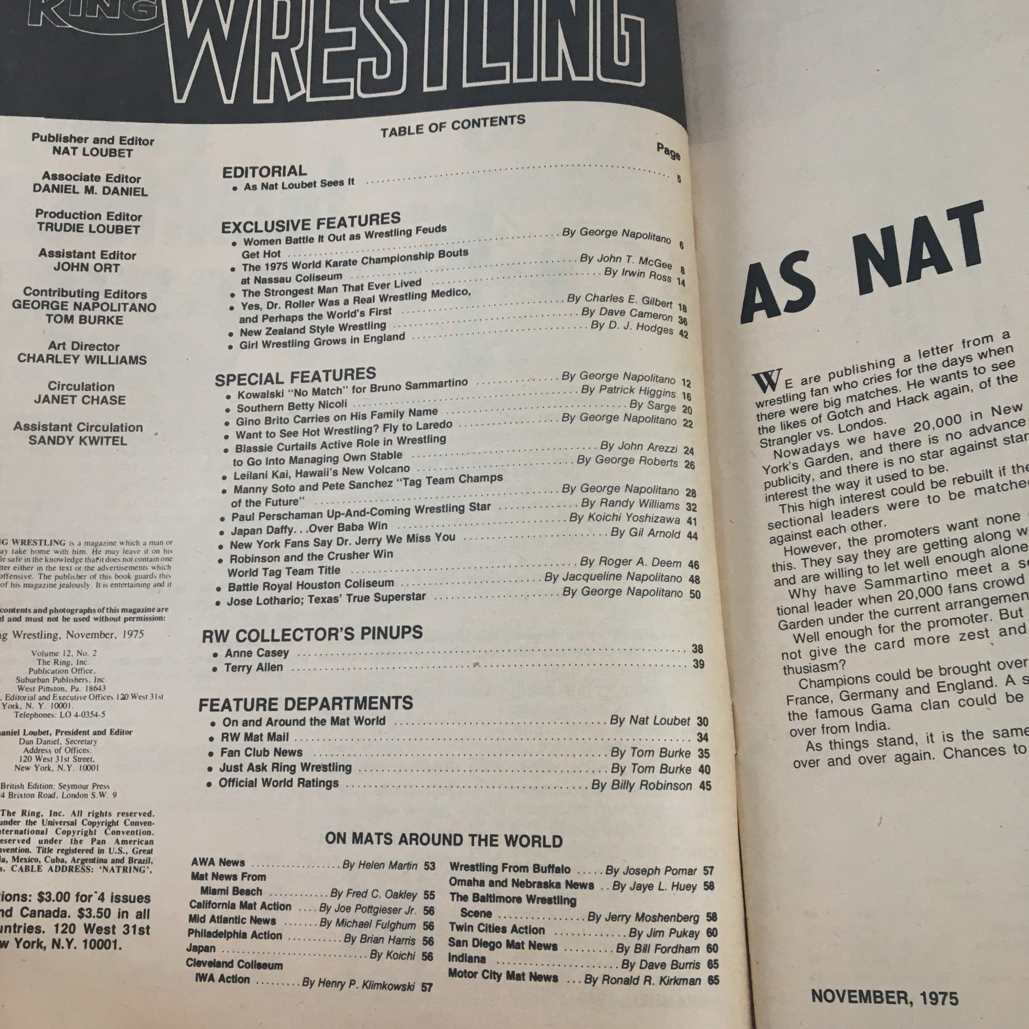 Table of contents page from The Ring Wrestling Magazine, November 1975, showcasing exclusive and special features of the issue.