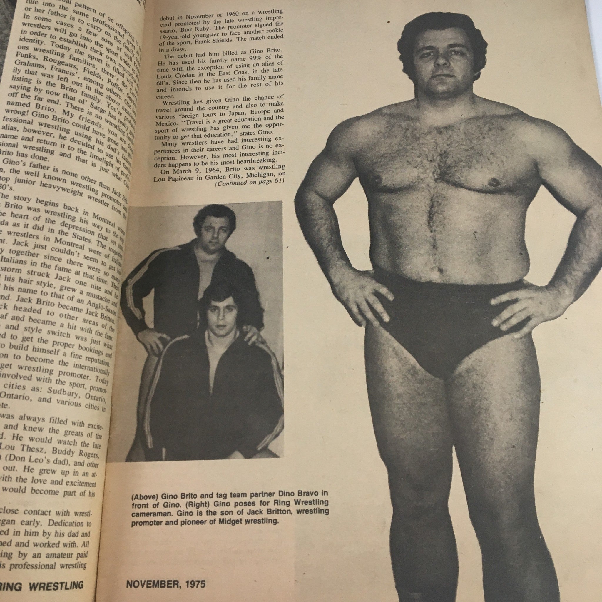 Image of wrestling legend Gino Brito featured in The Ring Wrestling Magazine, November 1975, discussing his career and contributions to wrestling.