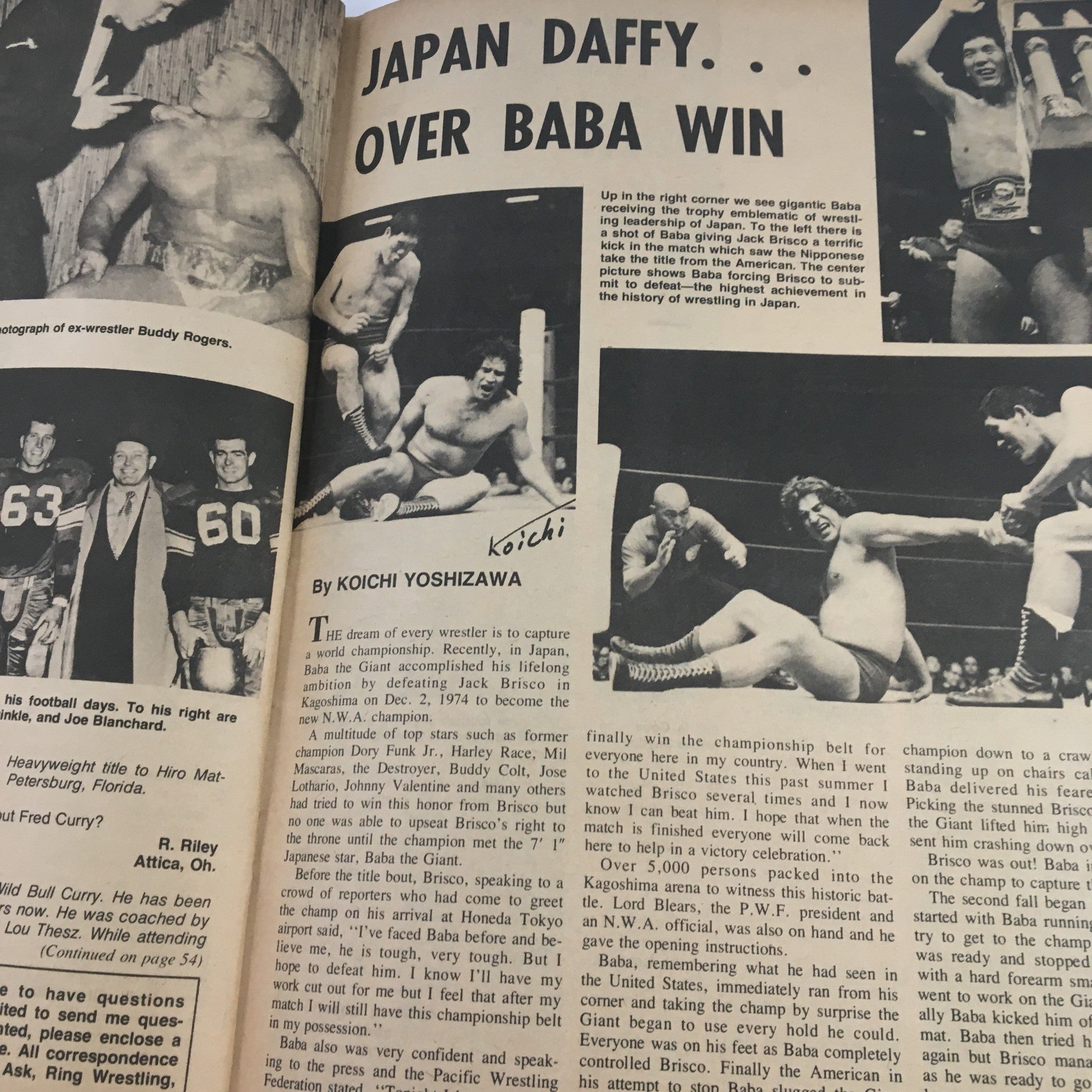 Image displaying a page from The Ring Wrestling Magazine November 1975, highlighting a wrestling article by Koichi Yoshizawa, featuring images of Giant Baba and Jack Brisco, providing insights into a significant wrestling match.