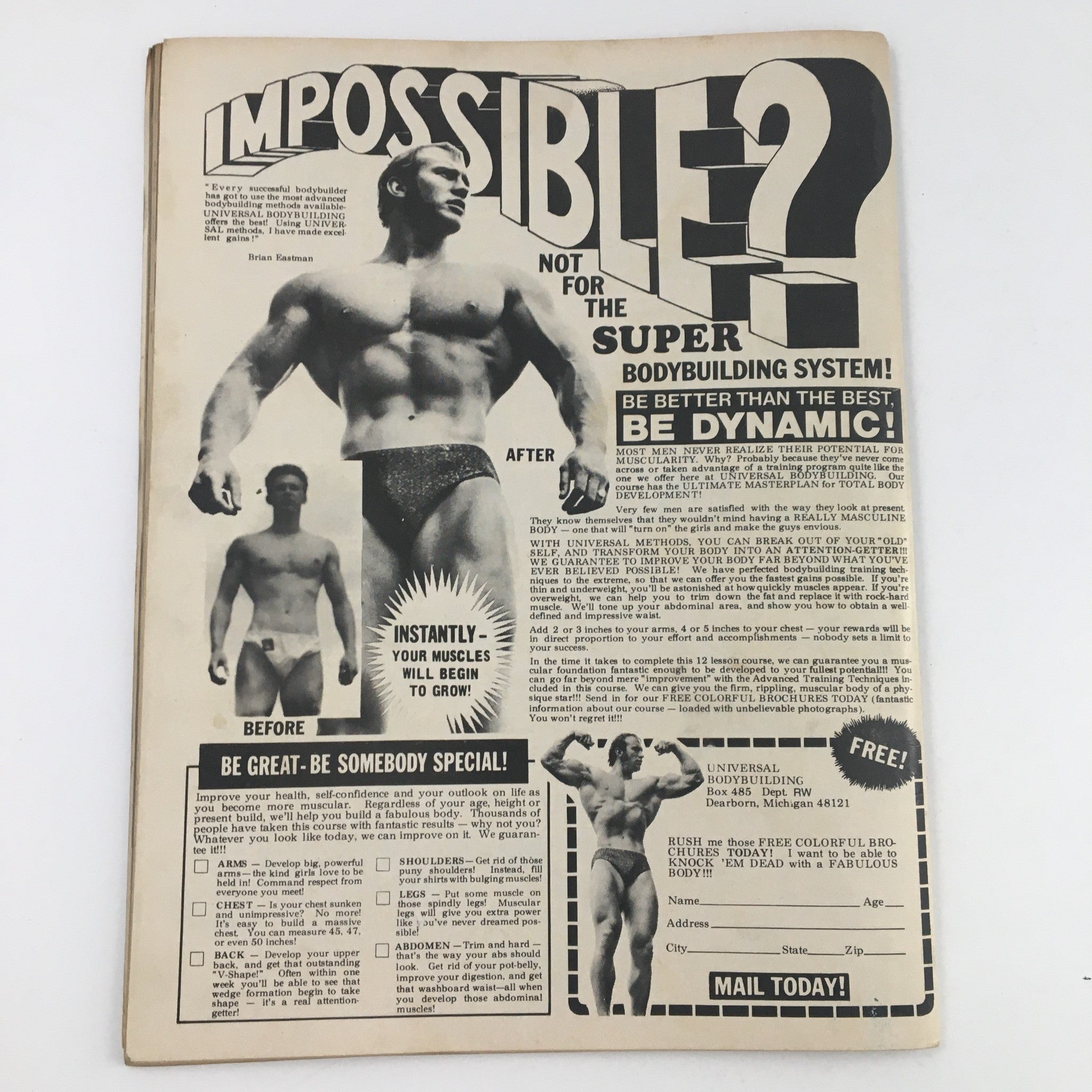 Image of an advertisement from The Ring Wrestling Magazine November 1975 promoting a bodybuilding system, featuring before and after photos of a muscular man, aimed at enhancing physical fitness.