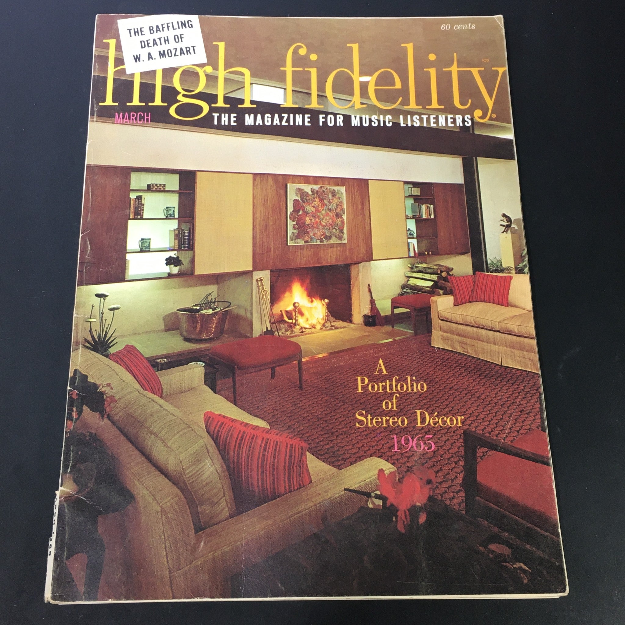 Cover of VTG High Fidelity Music Magazine March 1965 featuring a stylish living room with a fireplace and artwork, highlighting the Stereo Decor 1965 Portfolio.