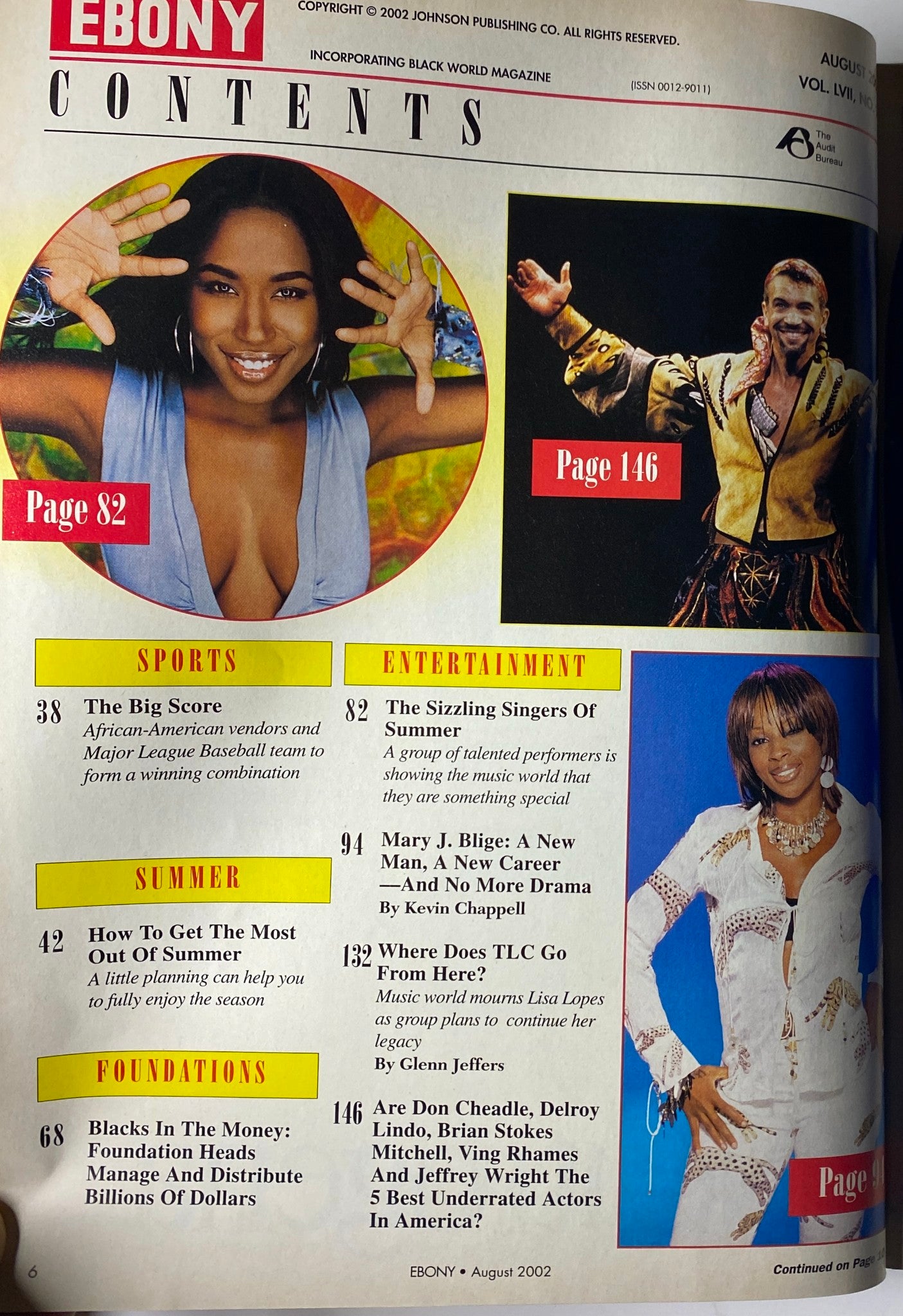 Table of contents page from Ebony Magazine August 2002, listing articles including features on Mary J. Blige and summer entertainment.